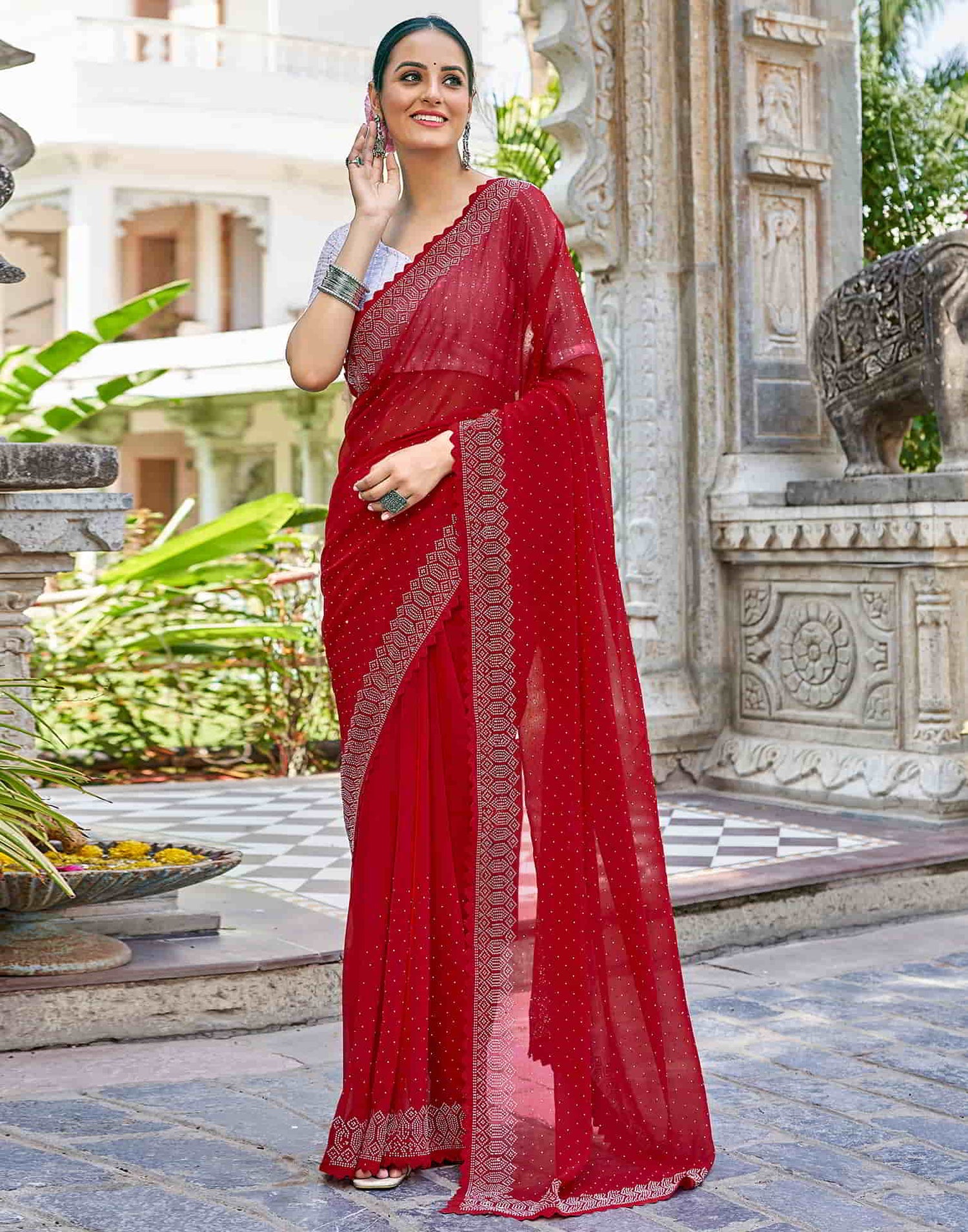 Red Swarovski Georgette Stone Work Saree