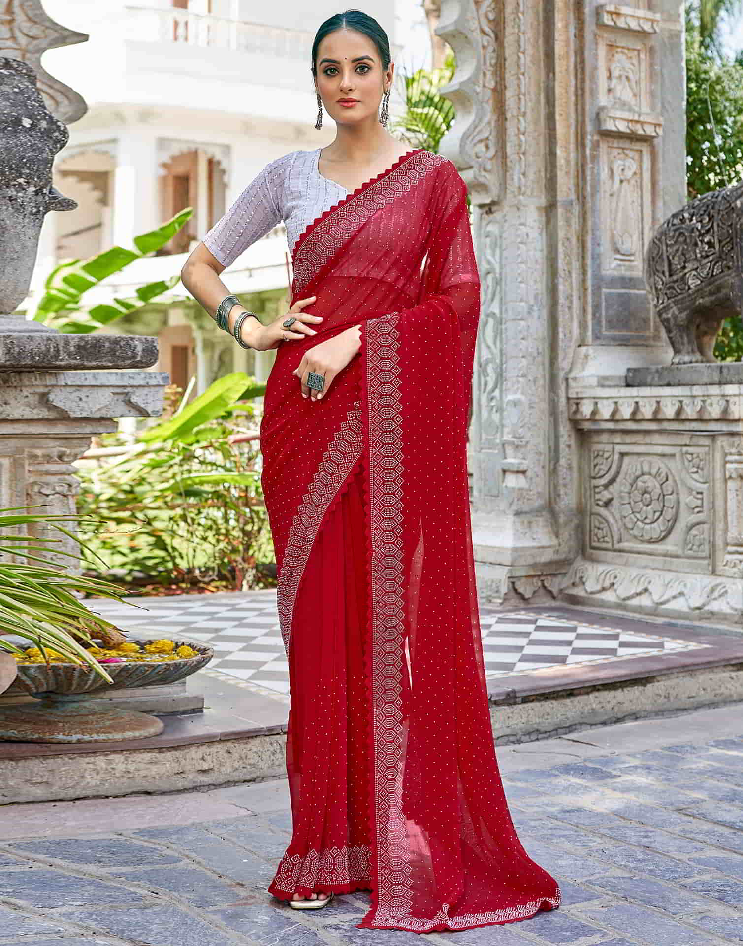 Red Swarovski Georgette Stone Work Saree