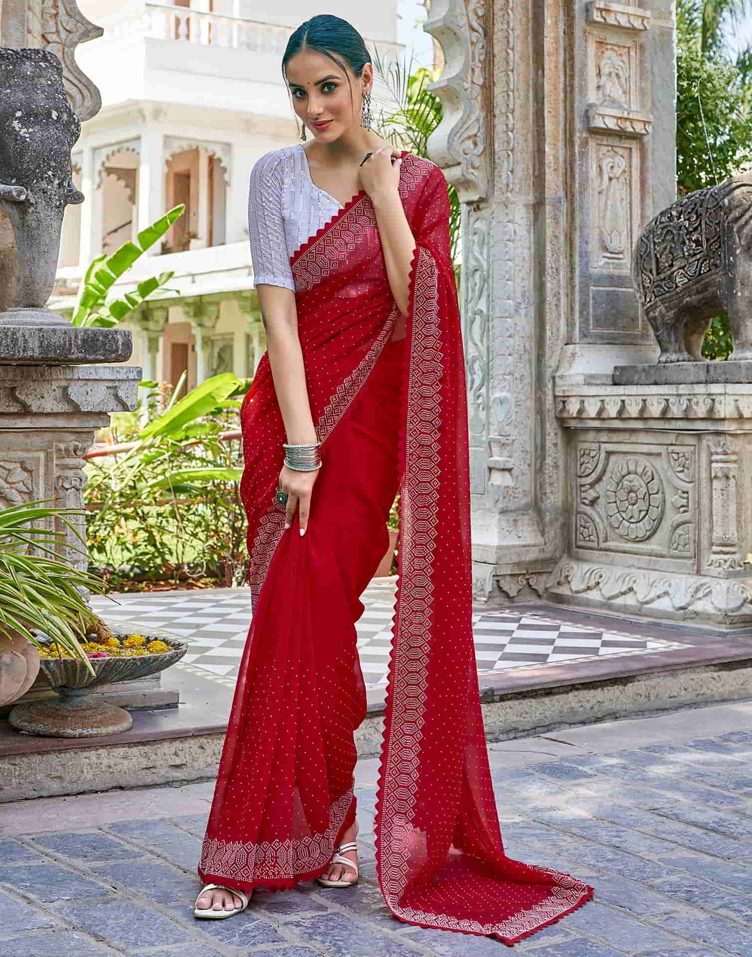 Red Swarovski Georgette Stone Work Saree