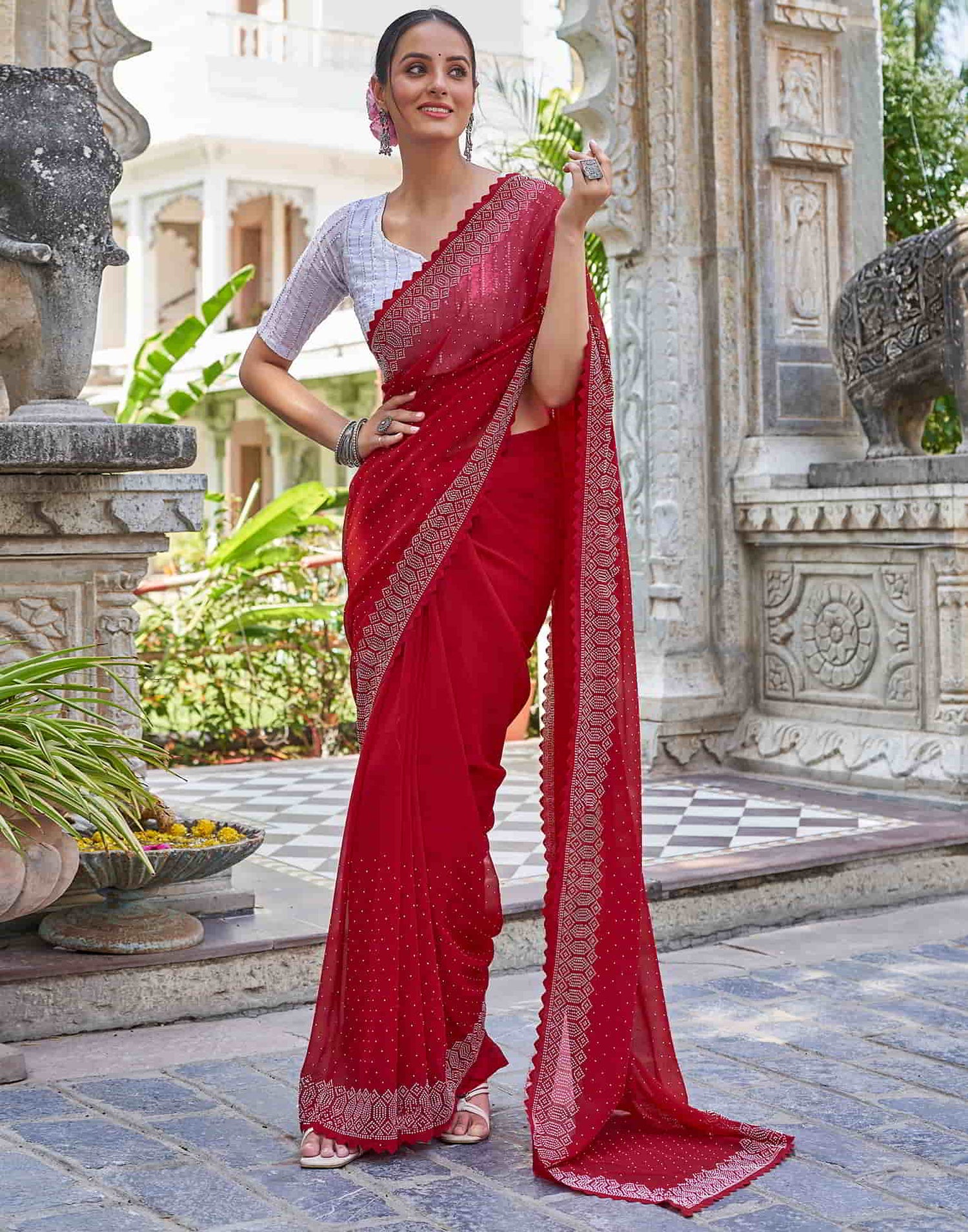 Red Swarovski Georgette Stone Work Saree