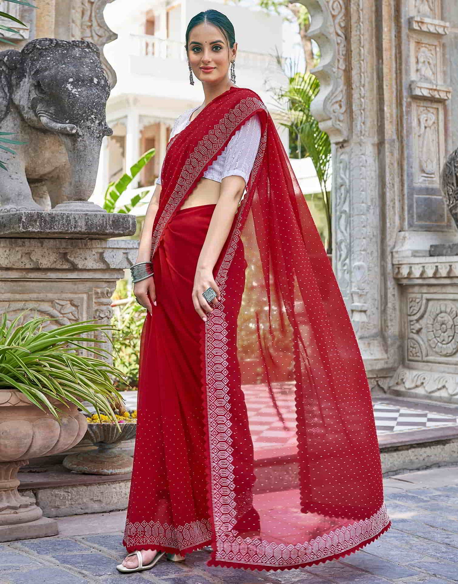 Red Swarovski Georgette Stone Work Saree