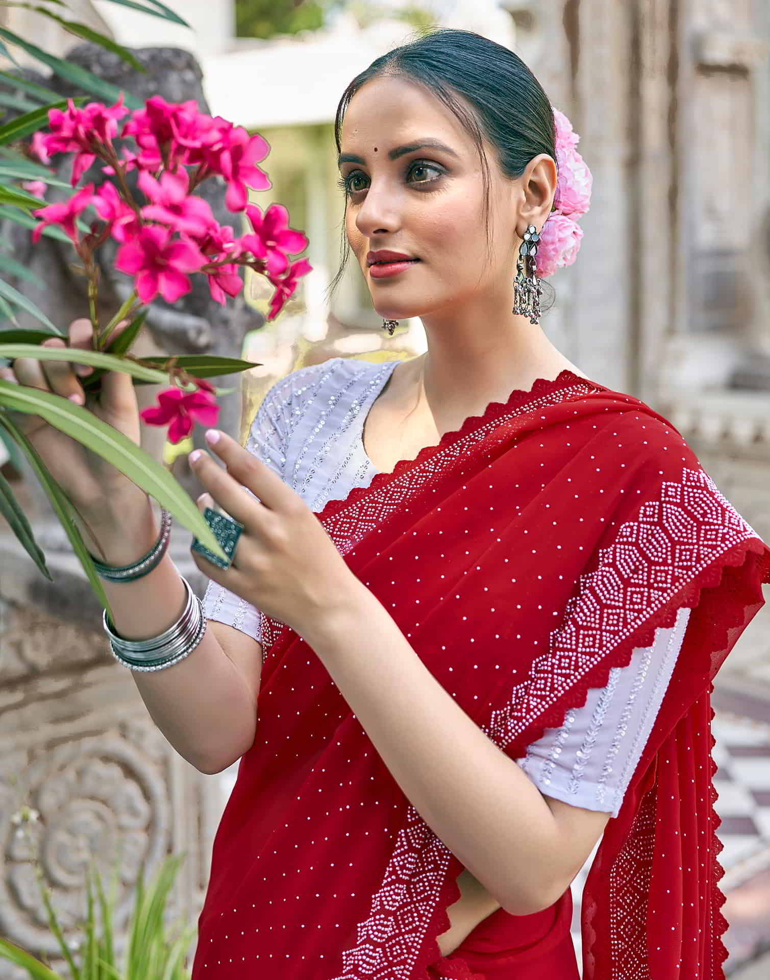 Red Swarovski Georgette Stone Work Saree