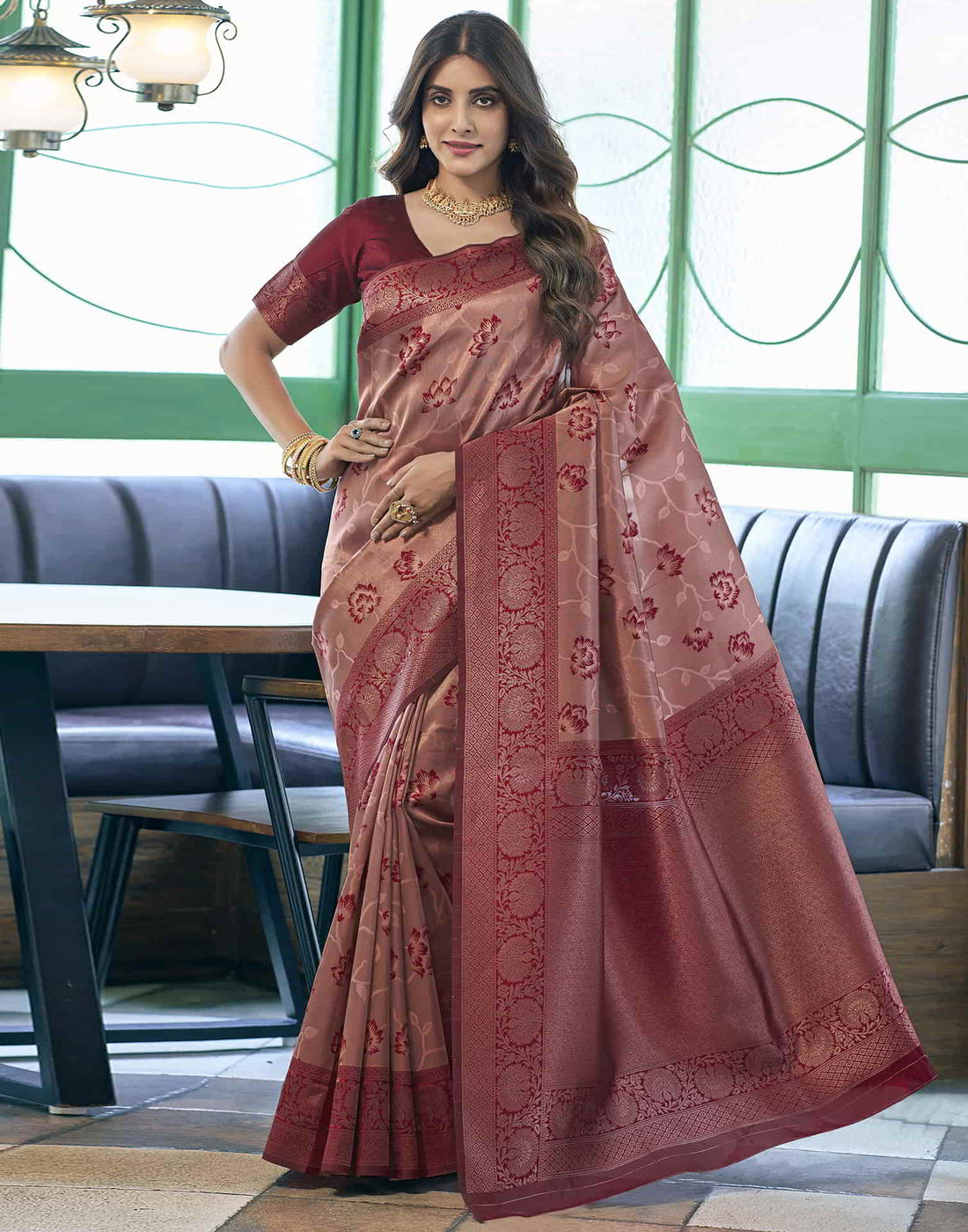 Peach Banarasi Silk Woven Saree