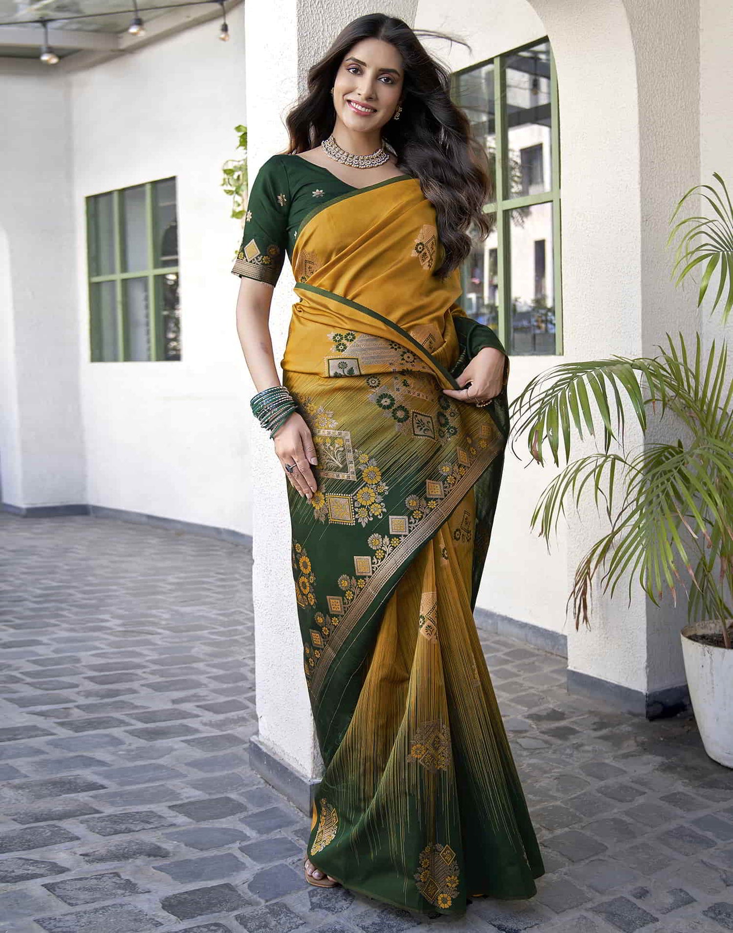 Yellow Banarasi Silk Woven Saree