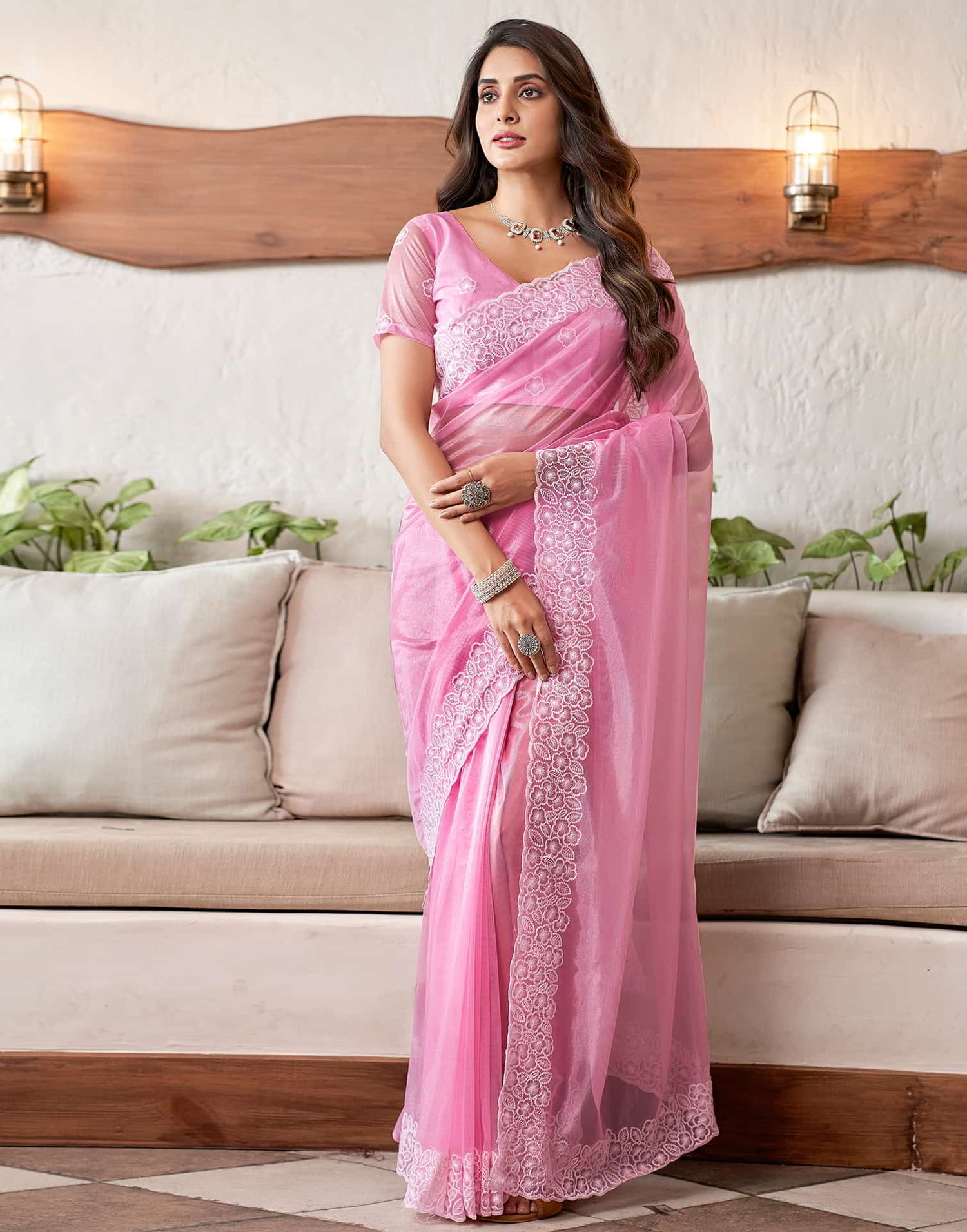 Pink Embroidery Organza Saree