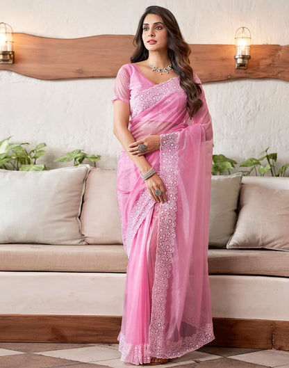 Pink Embroidery Organza Saree