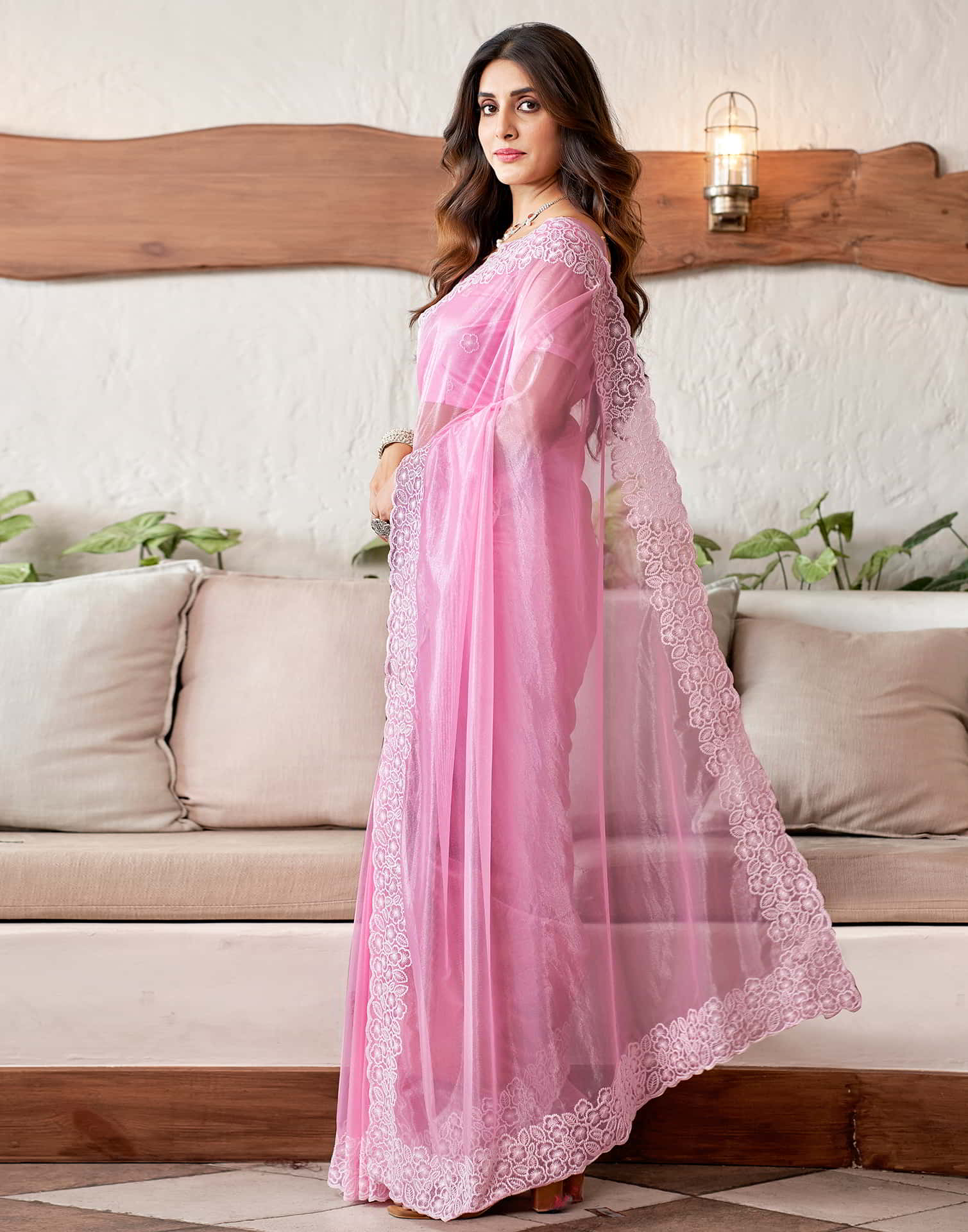 Pink Embroidery Organza Saree