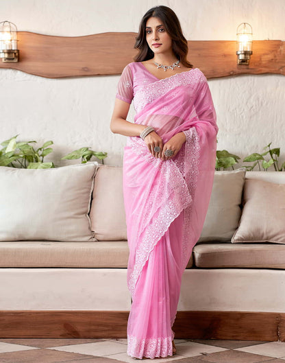 Pink Embroidery Organza Saree