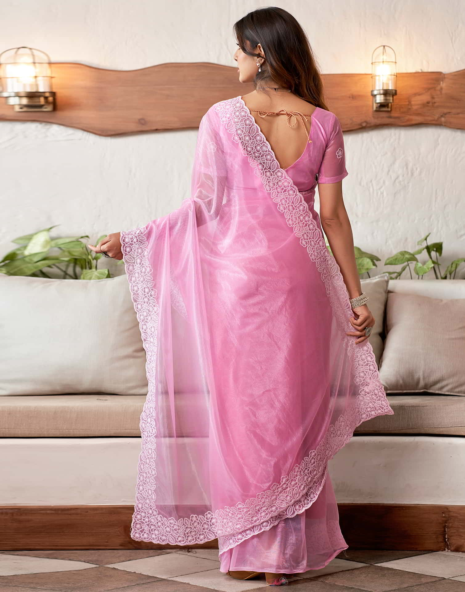 Pink Embroidery Organza Saree