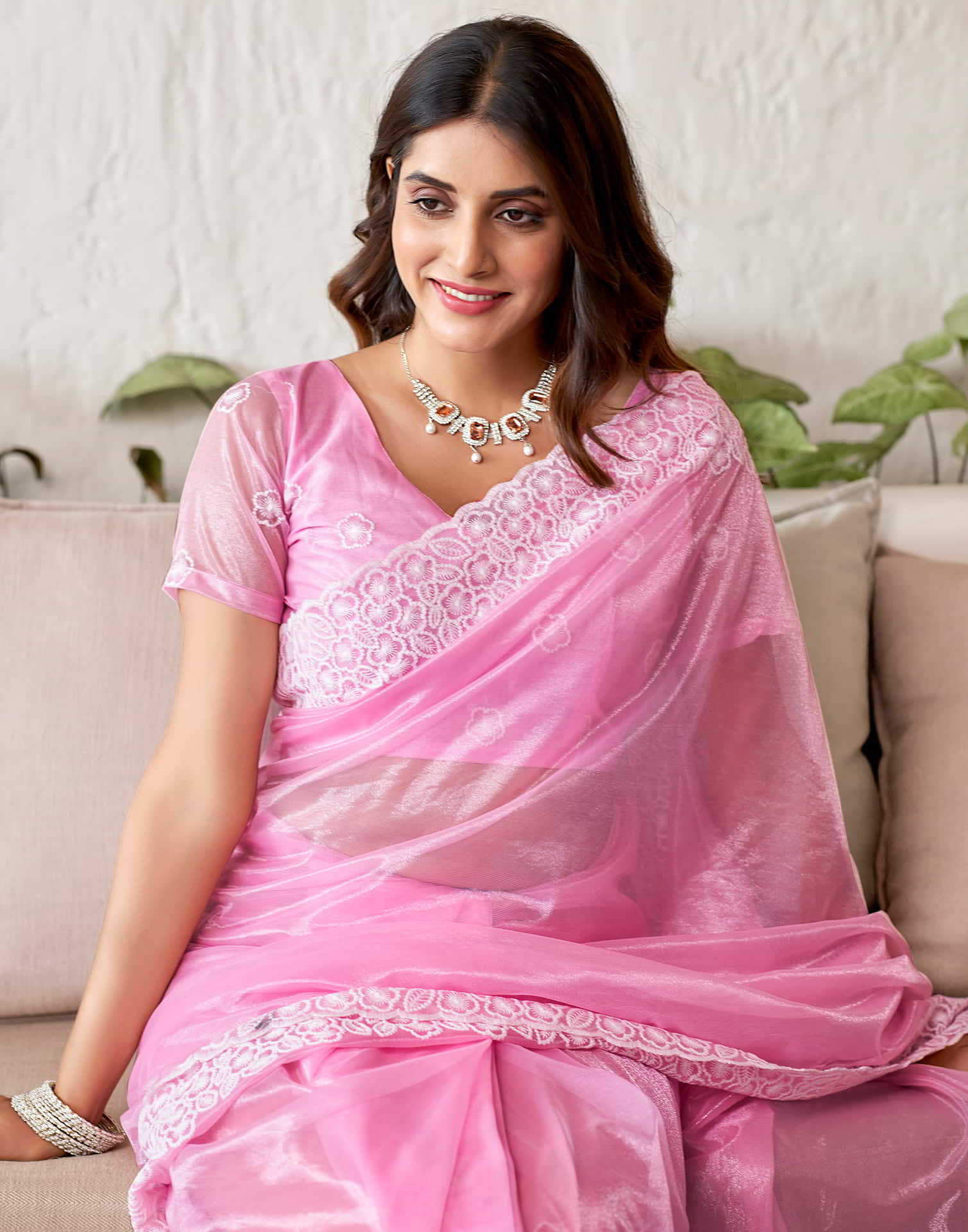 Pink Embroidery Organza Saree