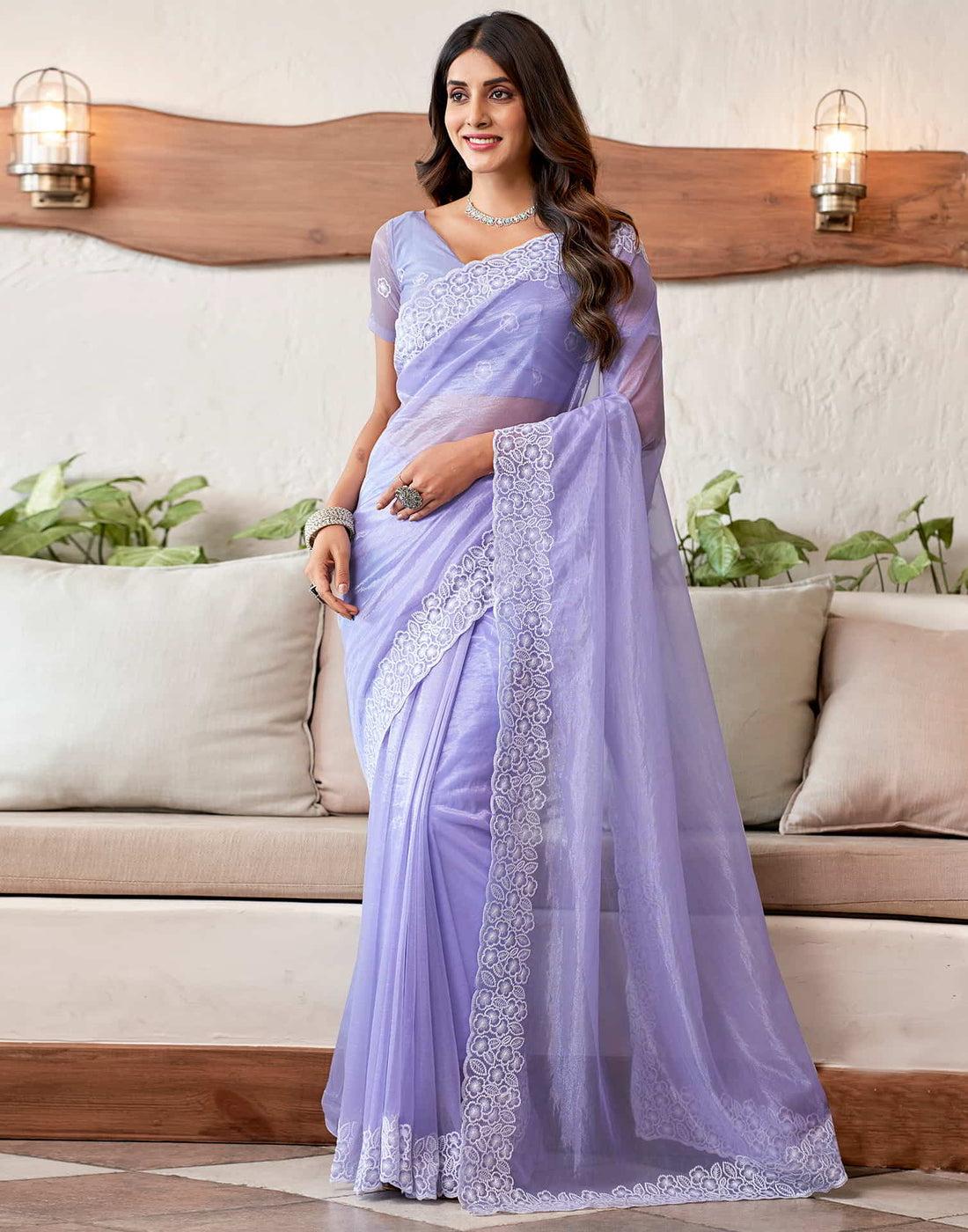 Lavender Embroidery Organza Saree