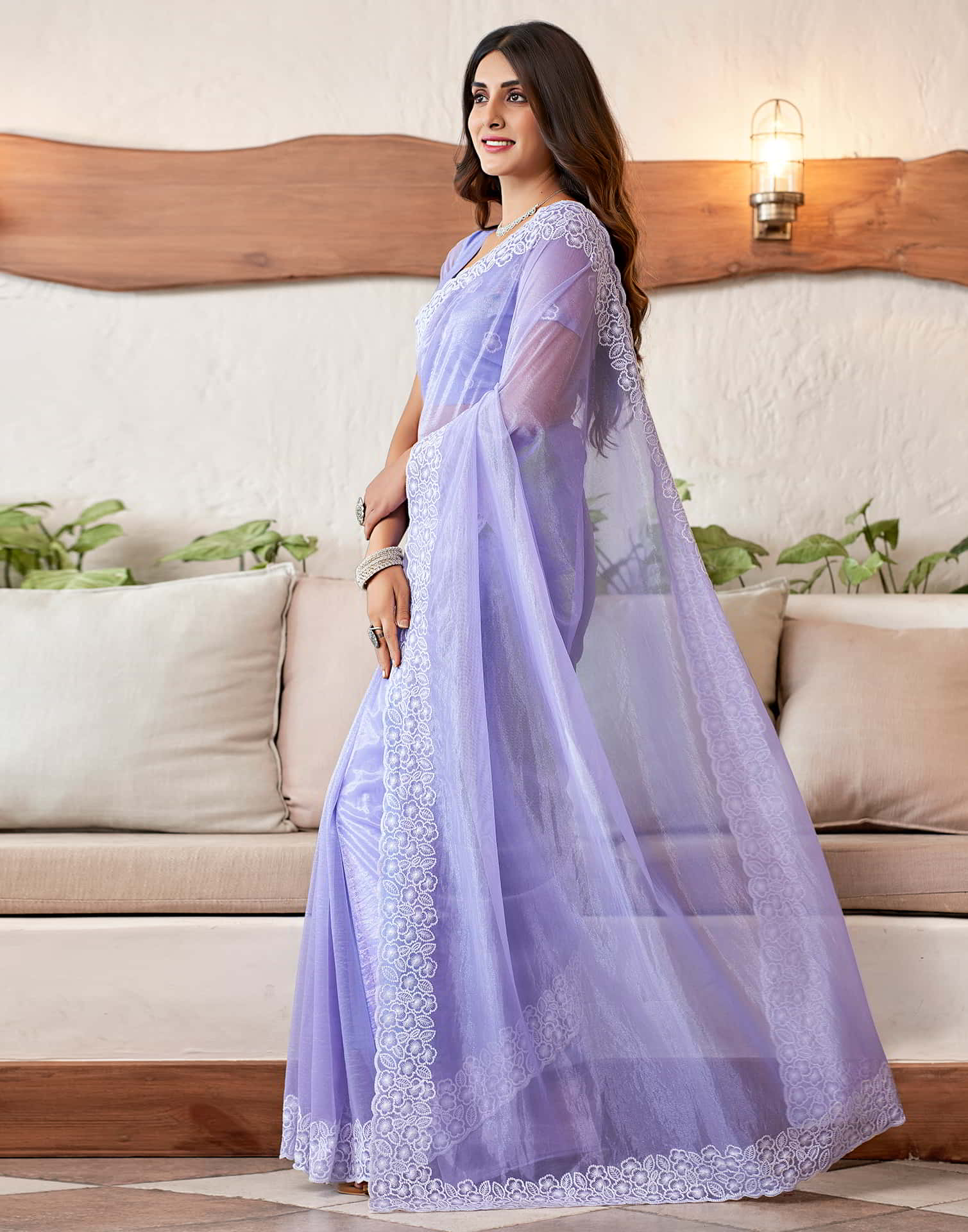 Lavender Embroidery Organza Saree