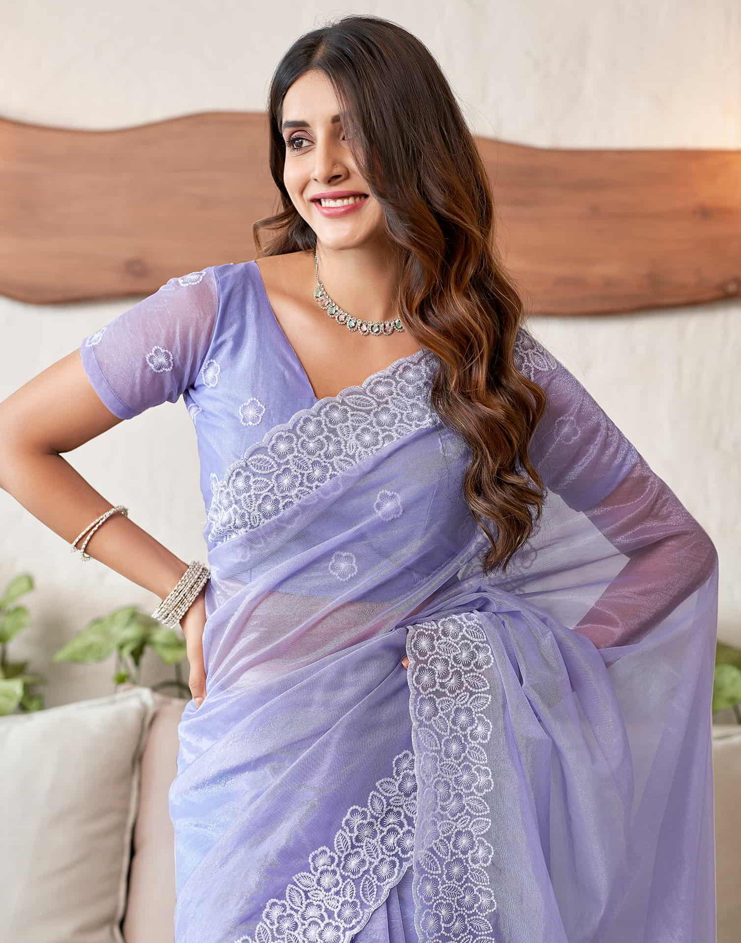 Lavender Embroidery Organza Saree