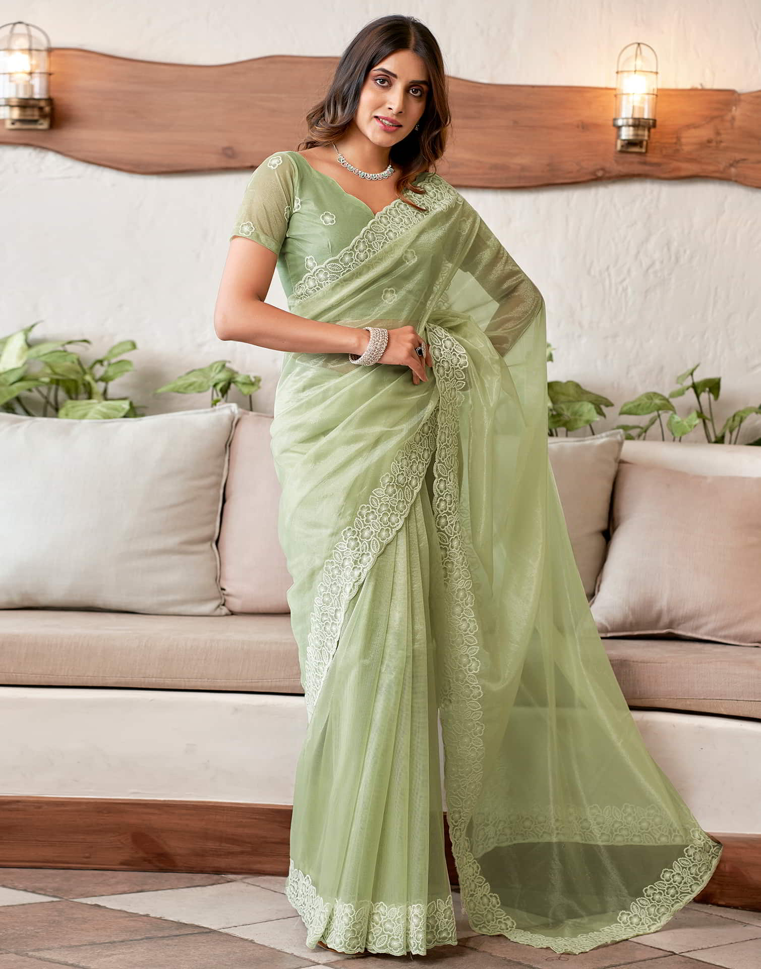 Green Embroidery Organza Saree