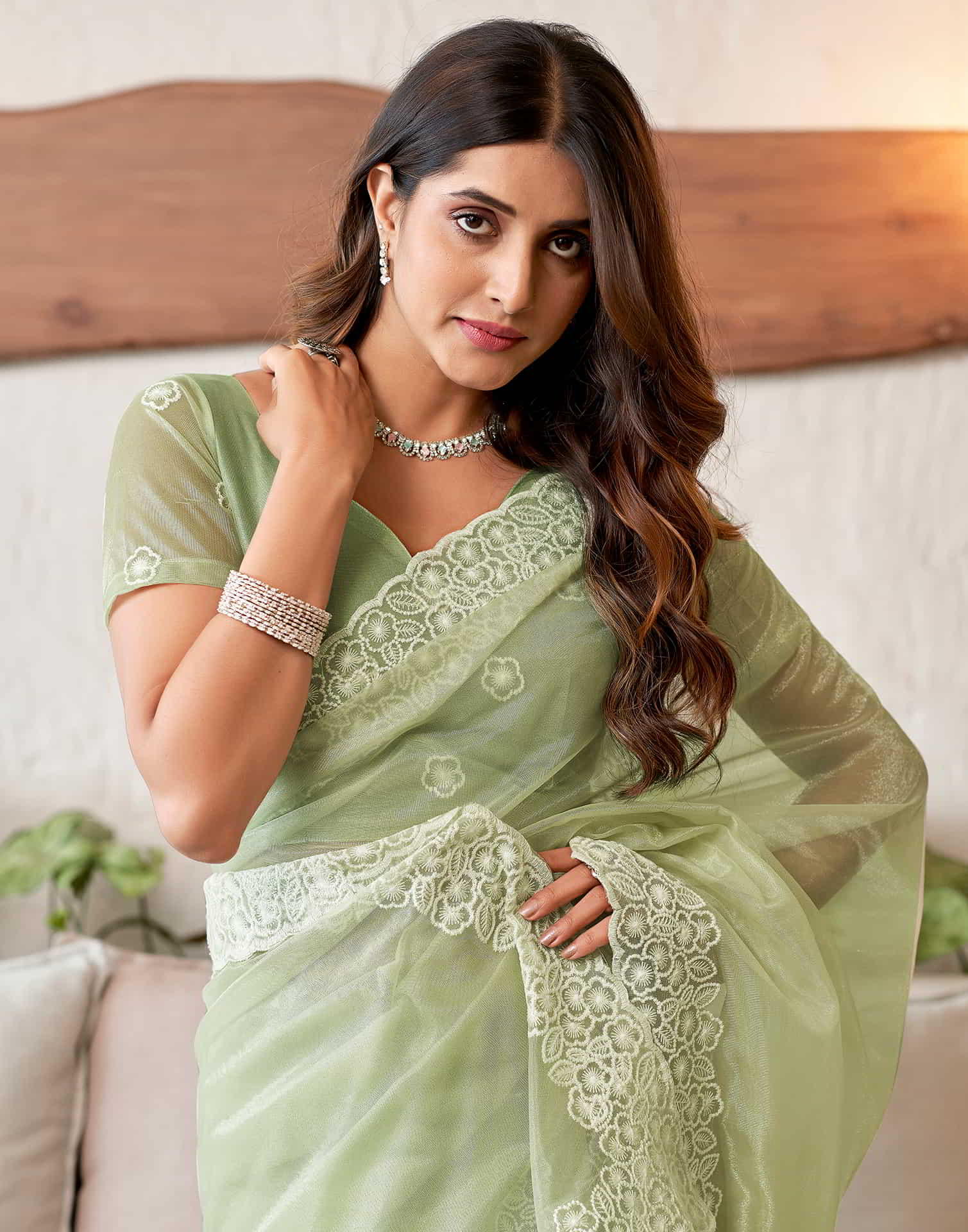 Green Embroidery Organza Saree