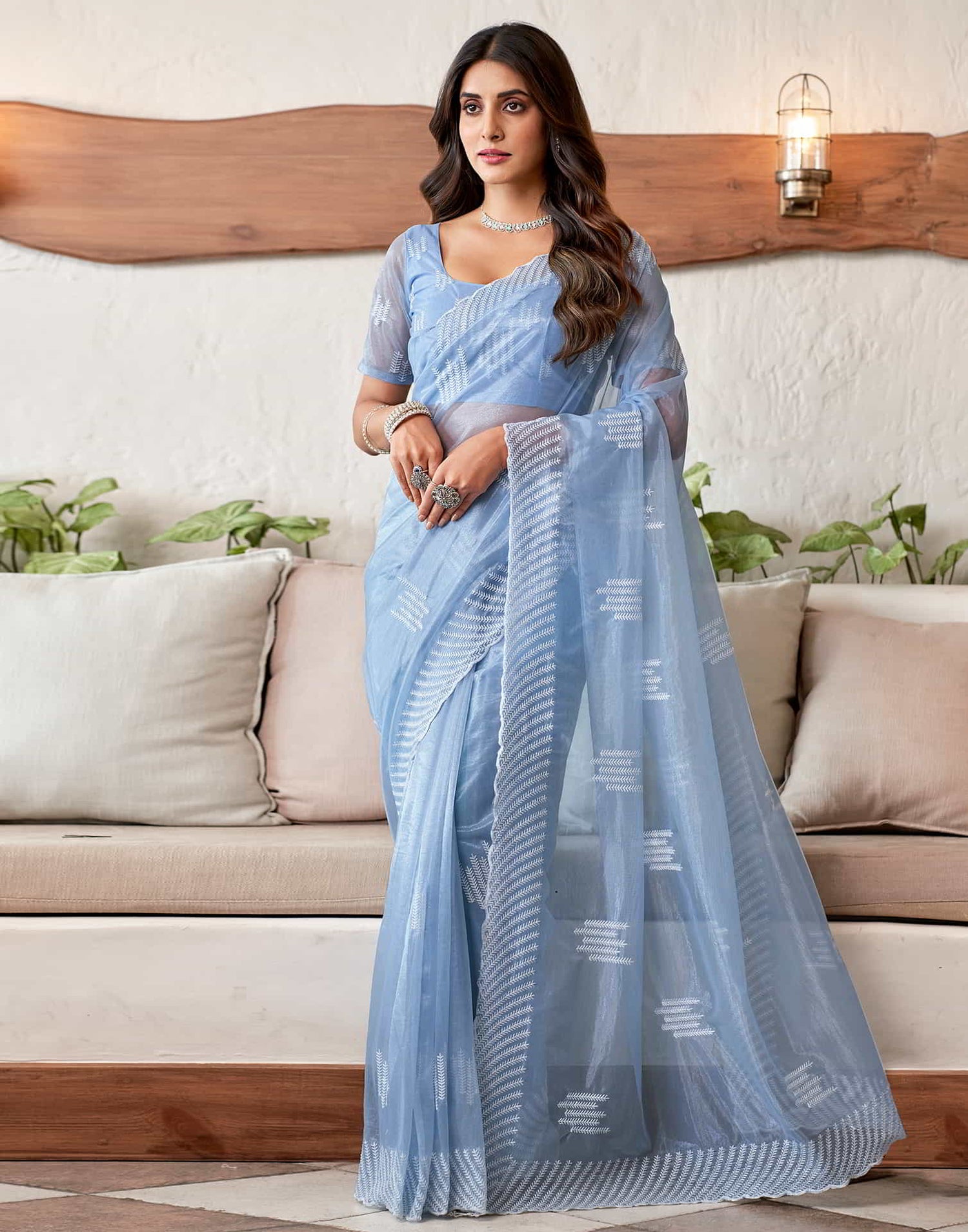 Blue Embroidery Organza Saree