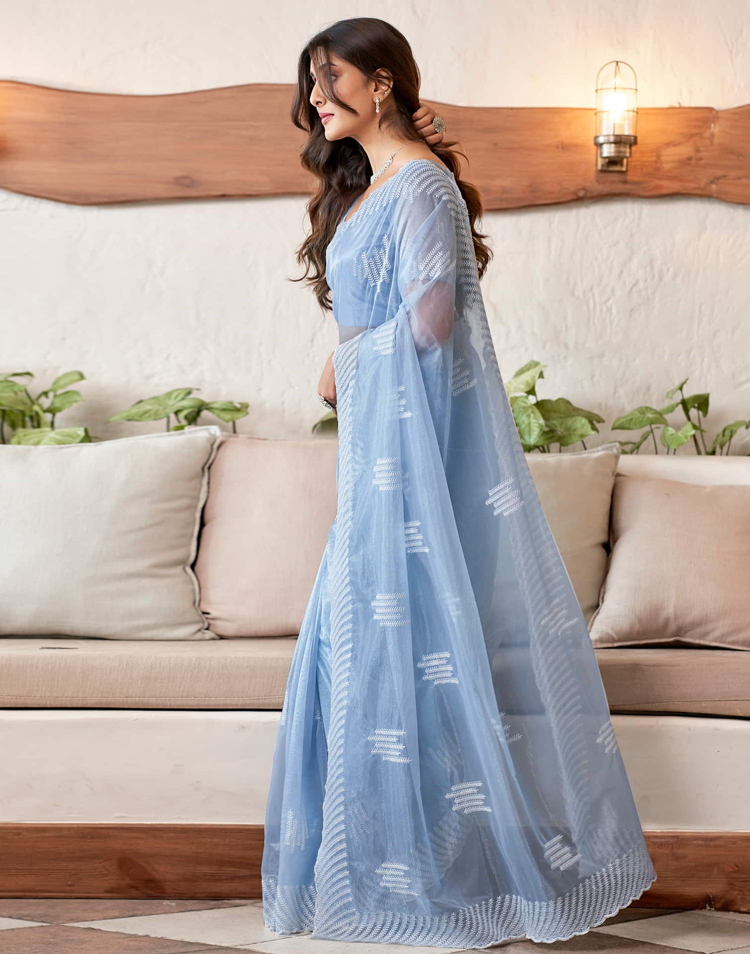 Blue Embroidery Organza Saree