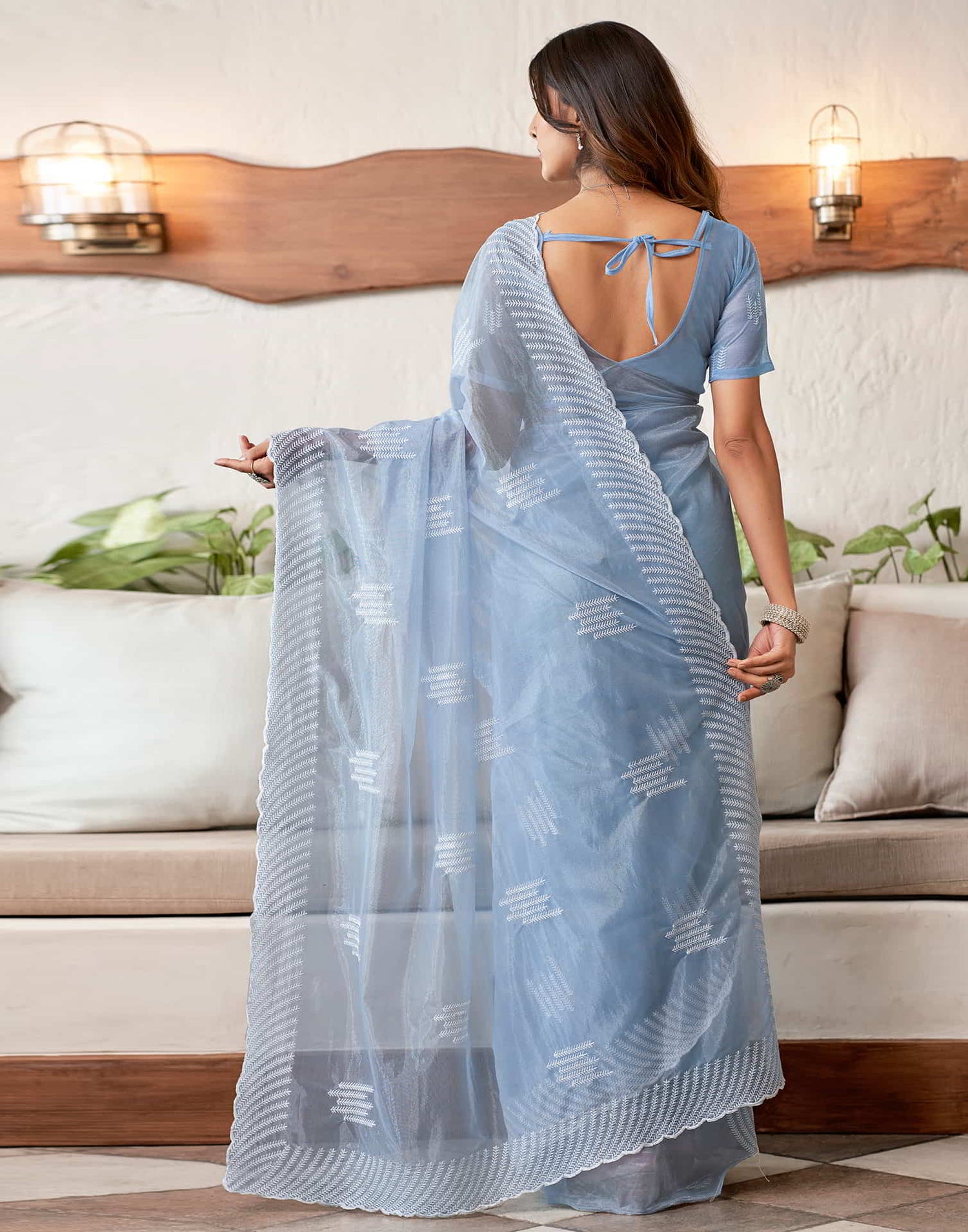 Blue Embroidery Organza Saree