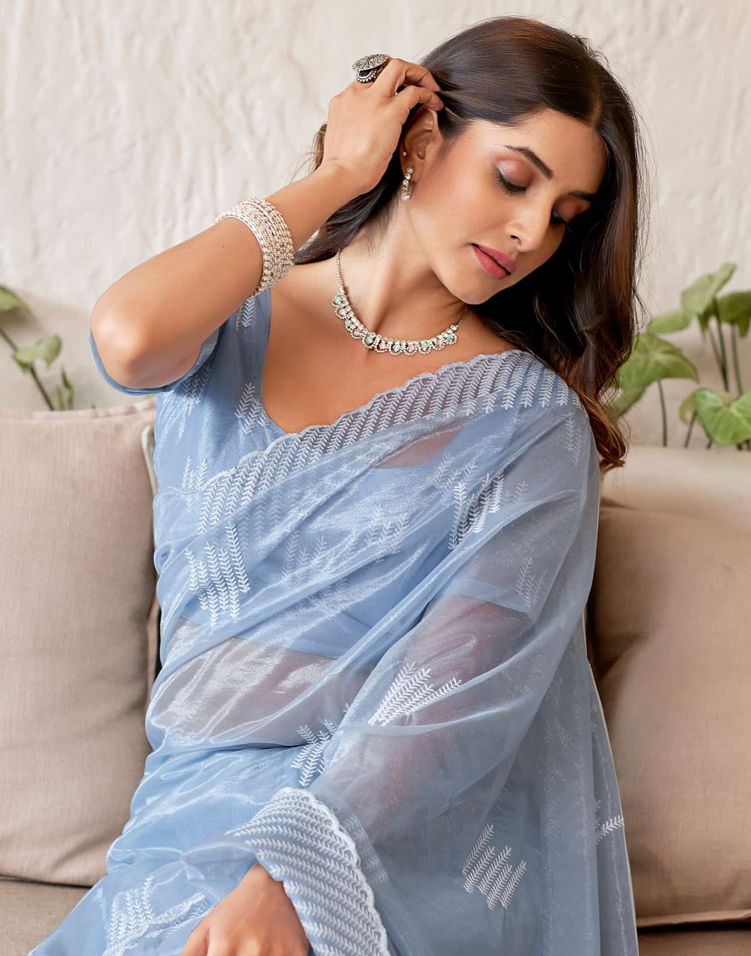 Blue Embroidery Organza Saree