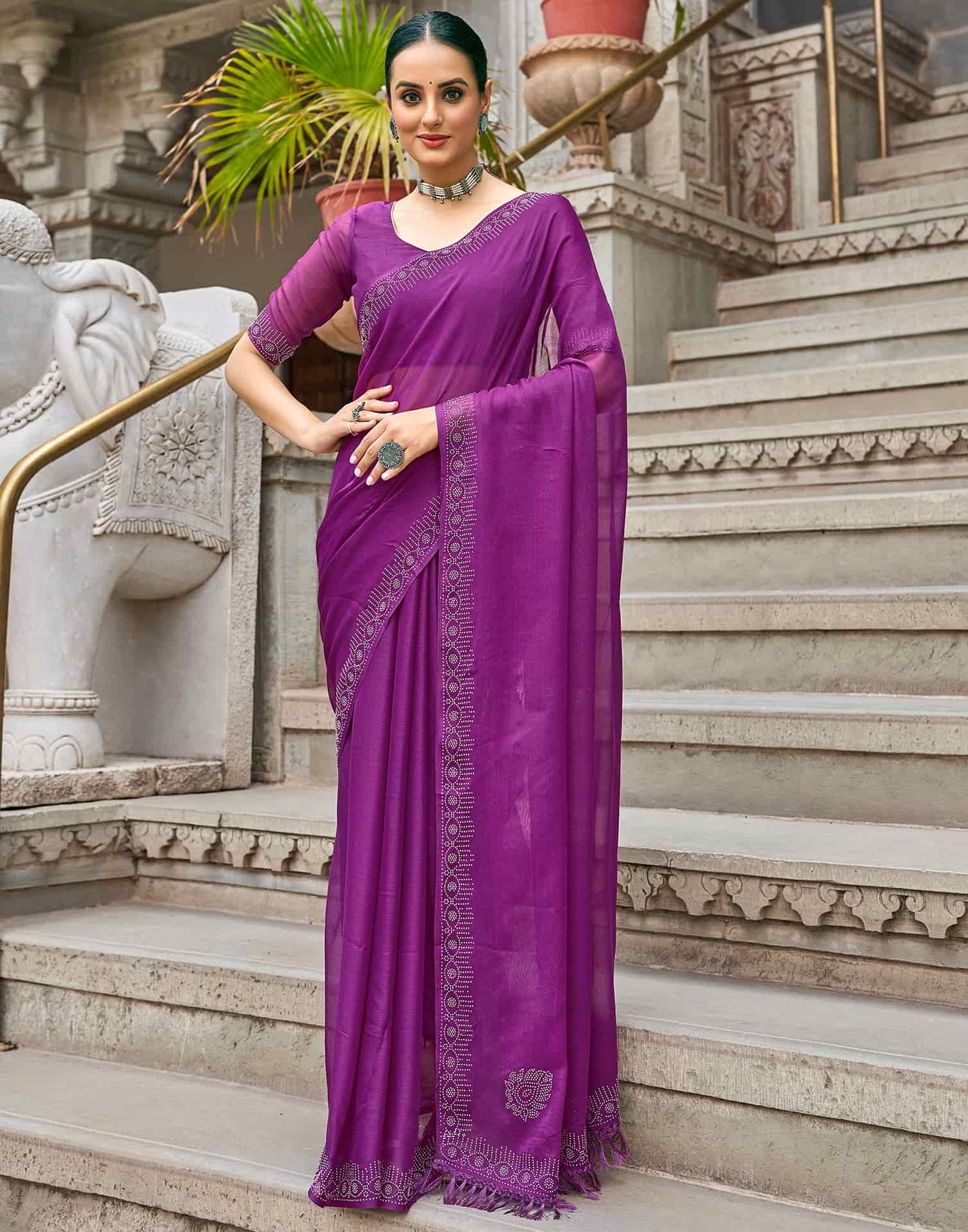 Purple Swarovski Chiffon Stone Work Saree