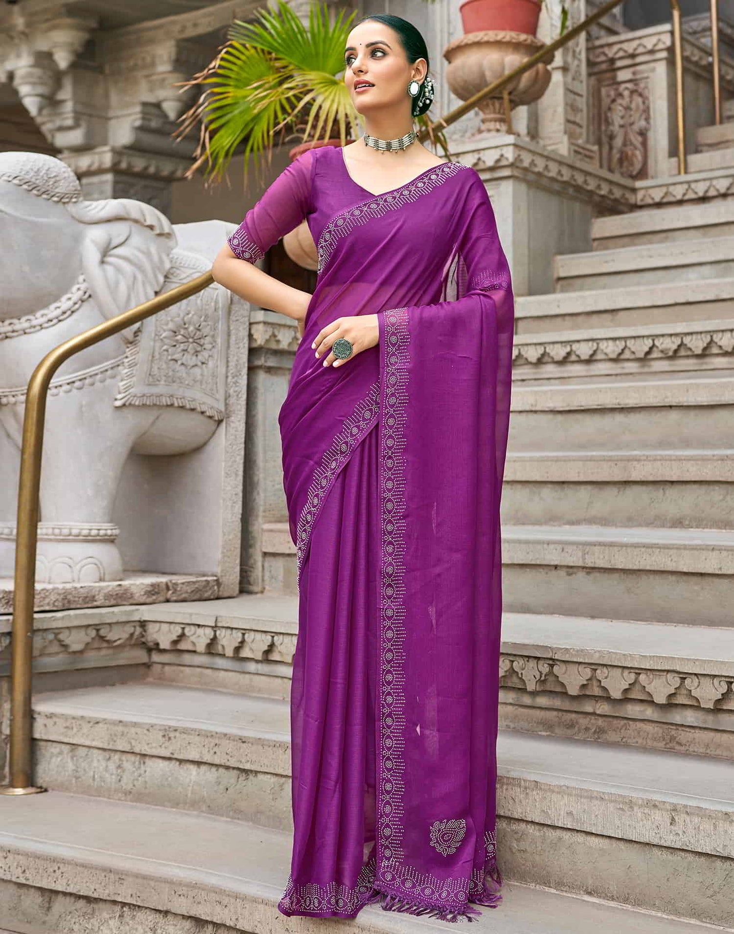 Purple Swarovski Chiffon Stone Work Saree