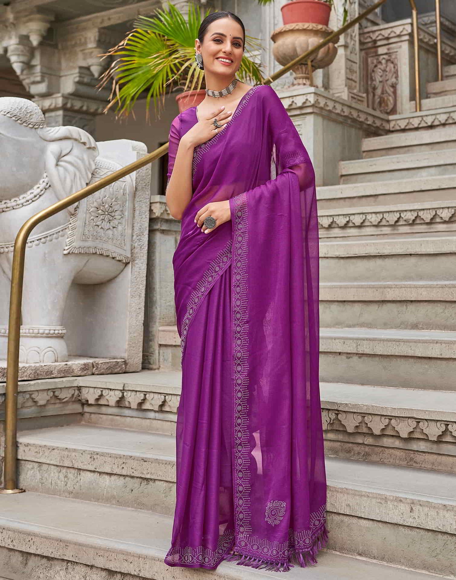 Purple Swarovski Chiffon Stone Work Saree