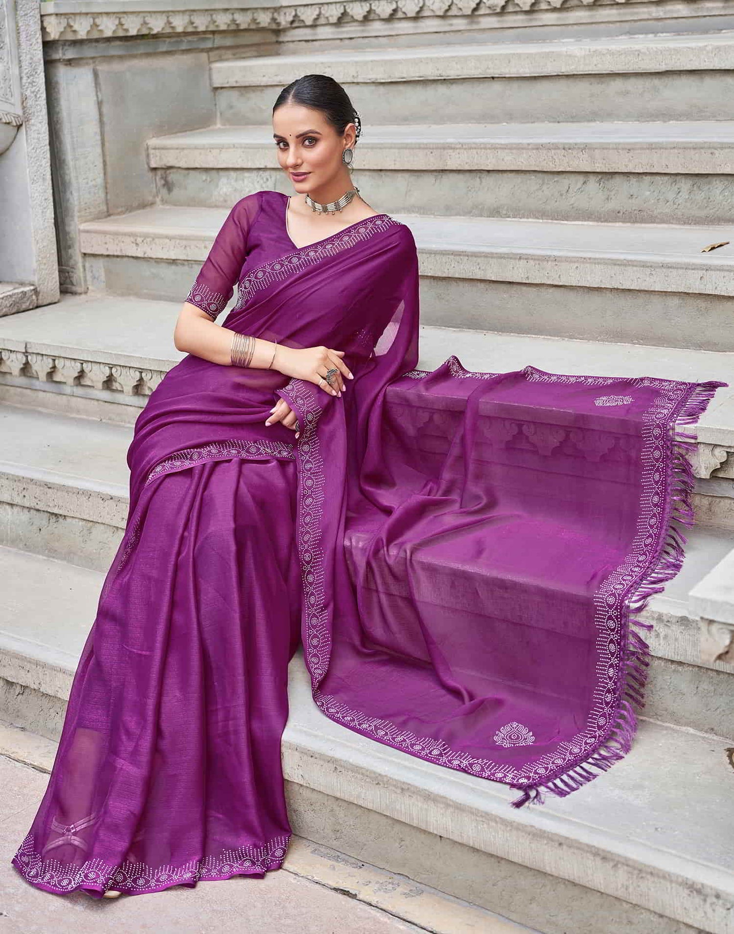 Purple Swarovski Chiffon Stone Work Saree