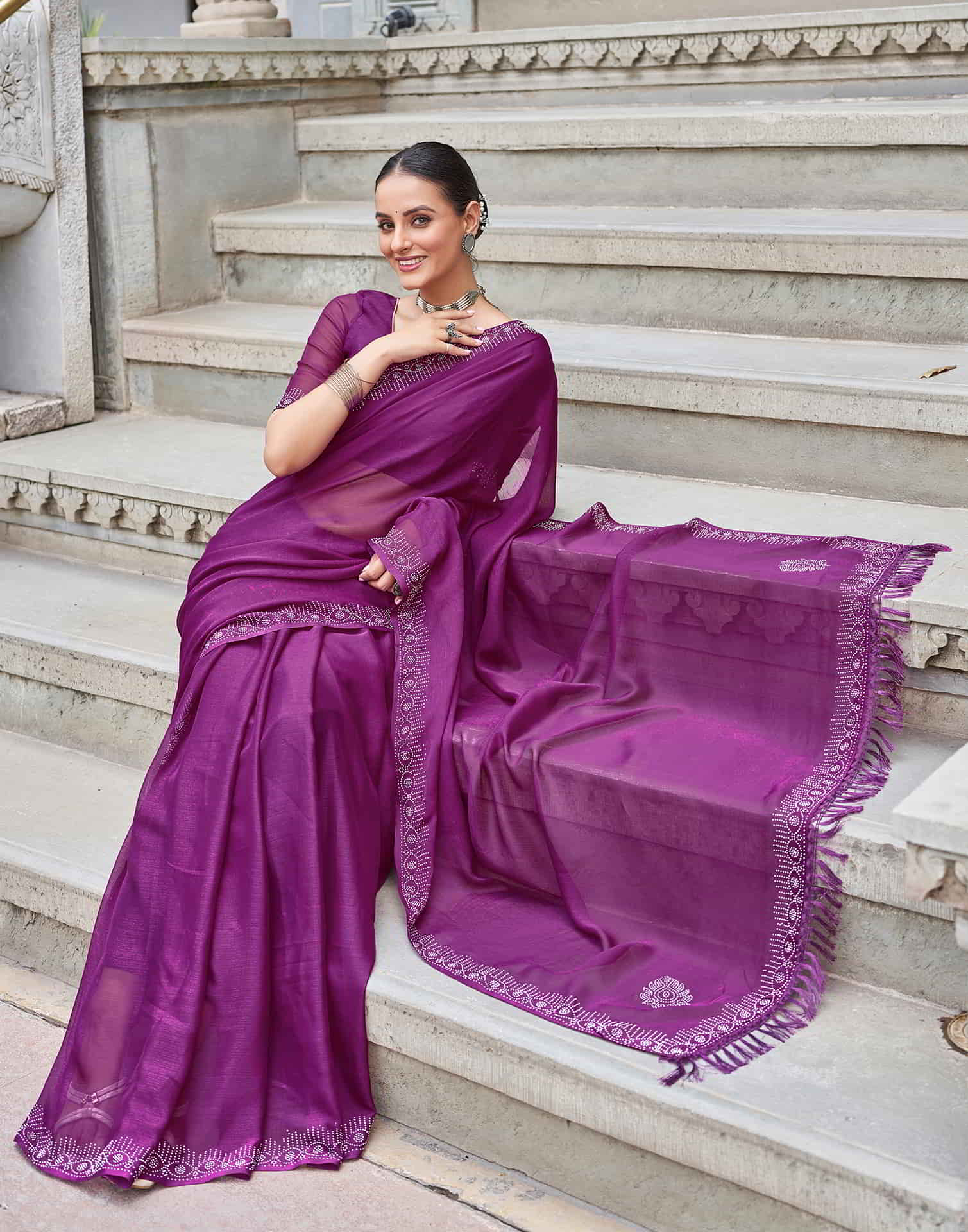 Purple Swarovski Chiffon Stone Work Saree