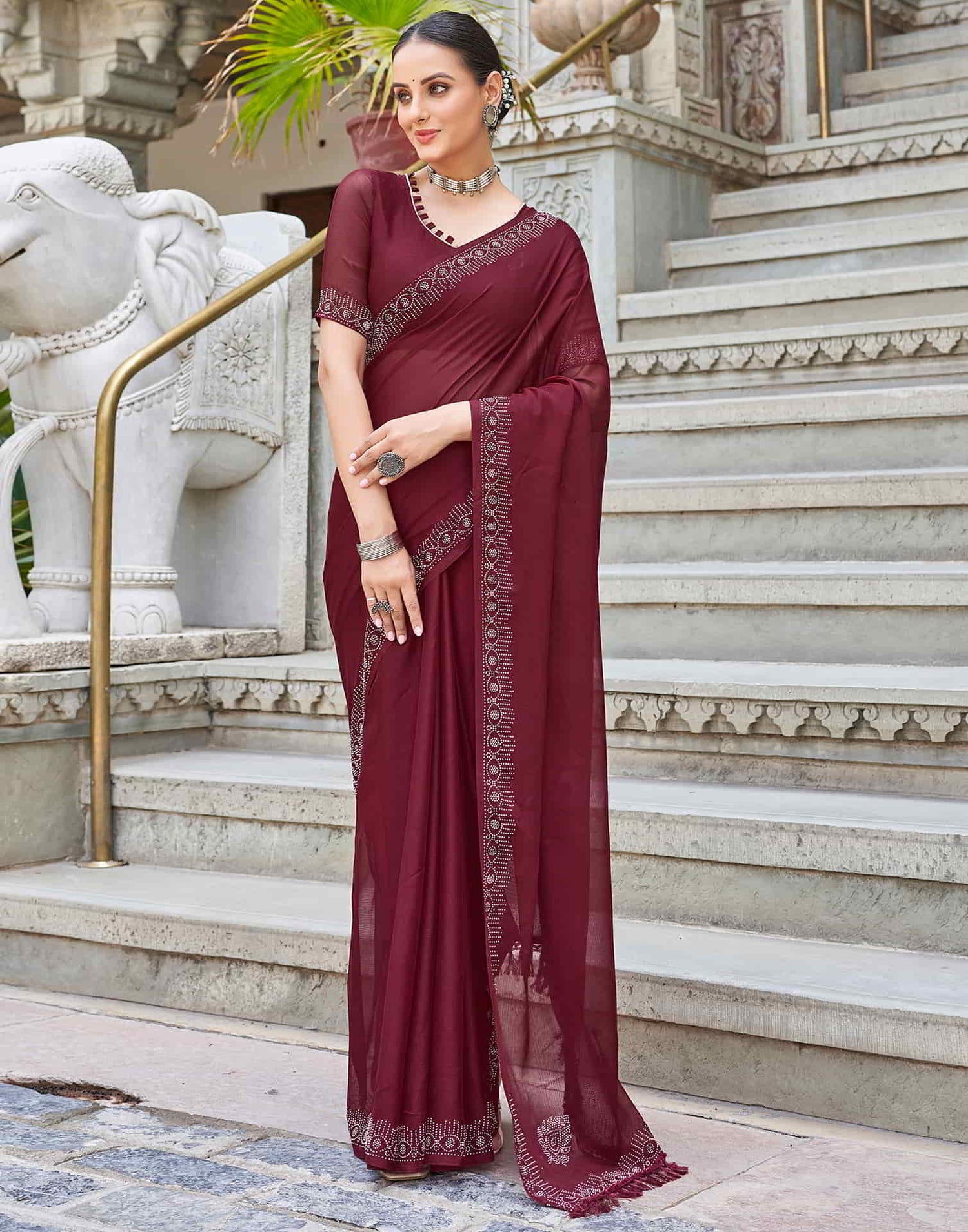 Maroon Swarovski Chiffon Stone Work Saree