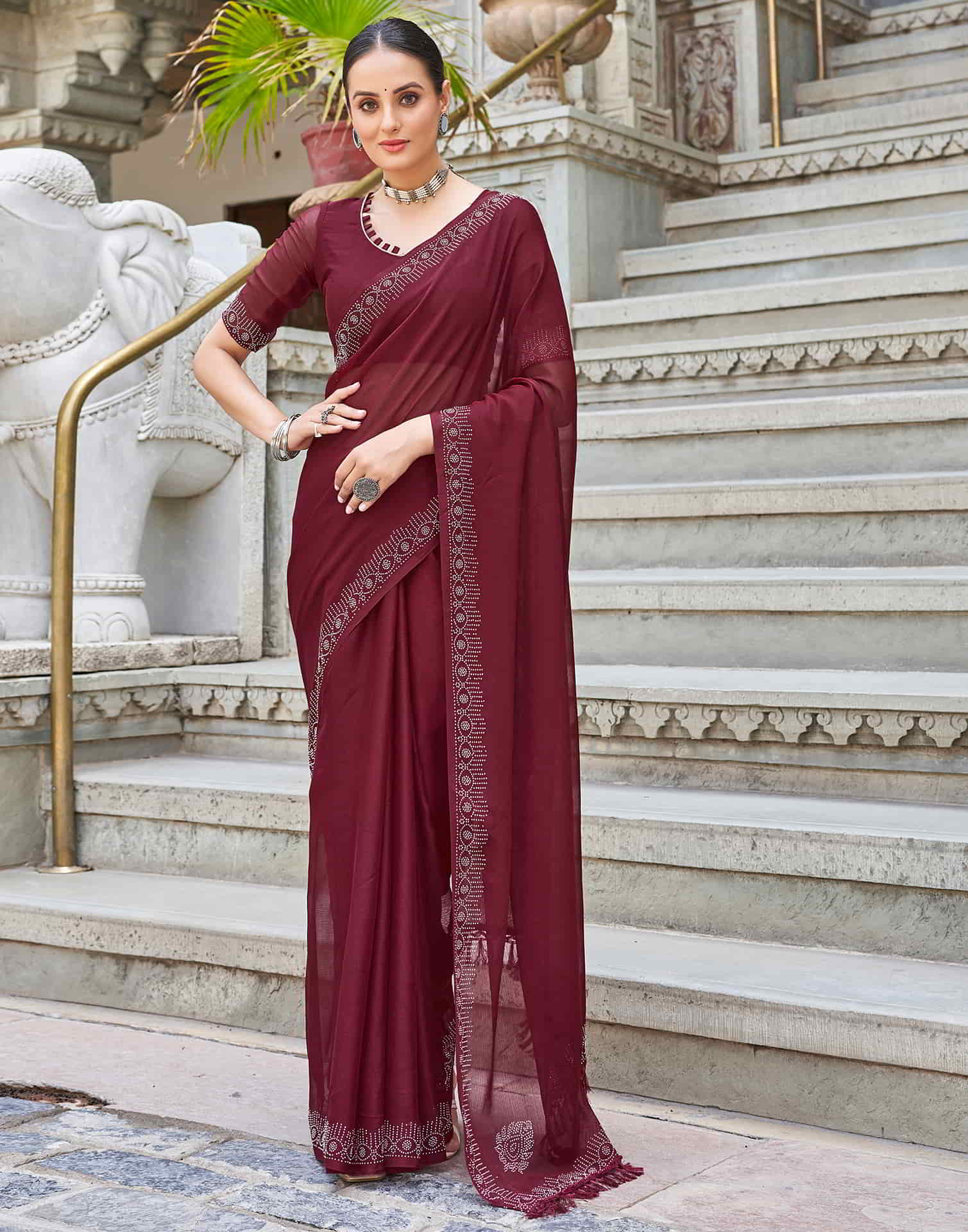 Maroon Swarovski Chiffon Stone Work Saree