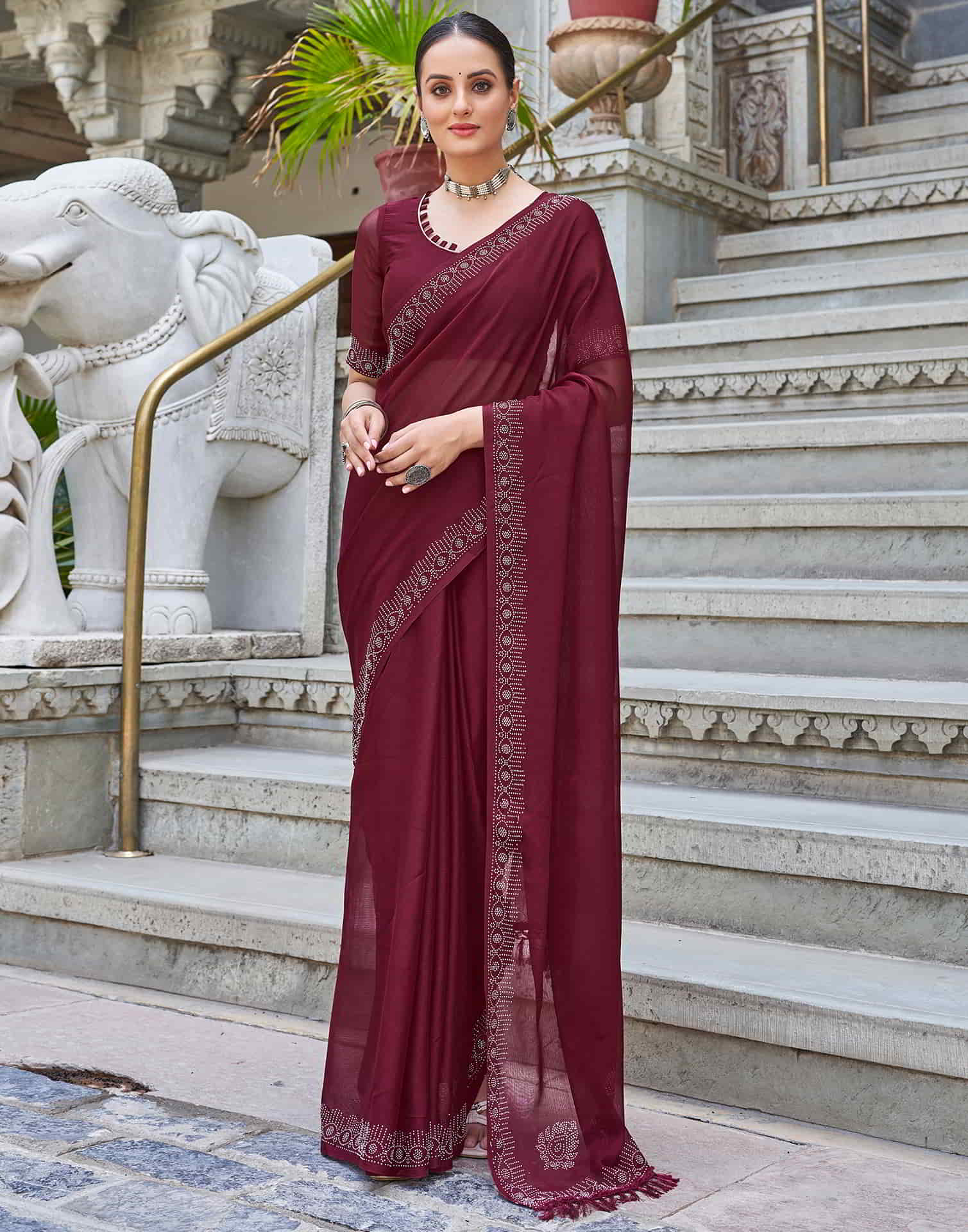 Maroon Swarovski Chiffon Stone Work Saree