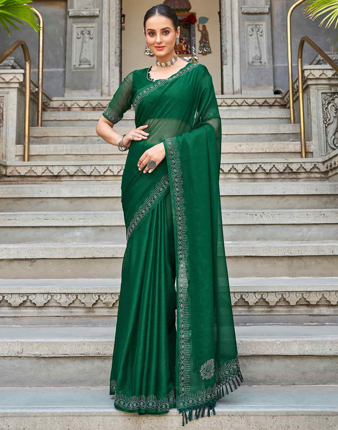 Green Swarovski Chiffon Stone Work Saree