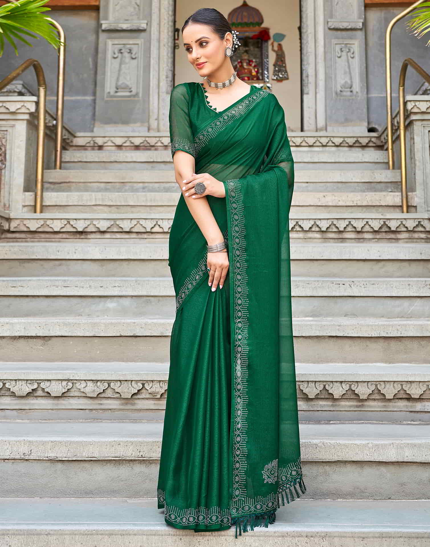 Green Swarovski Chiffon Stone Work Saree