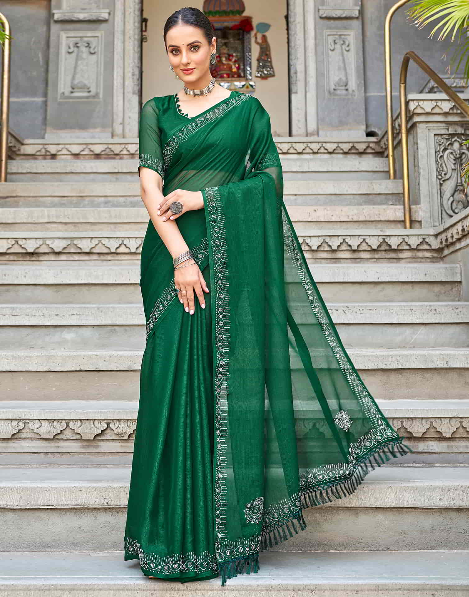 Green Swarovski Chiffon Stone Work Saree