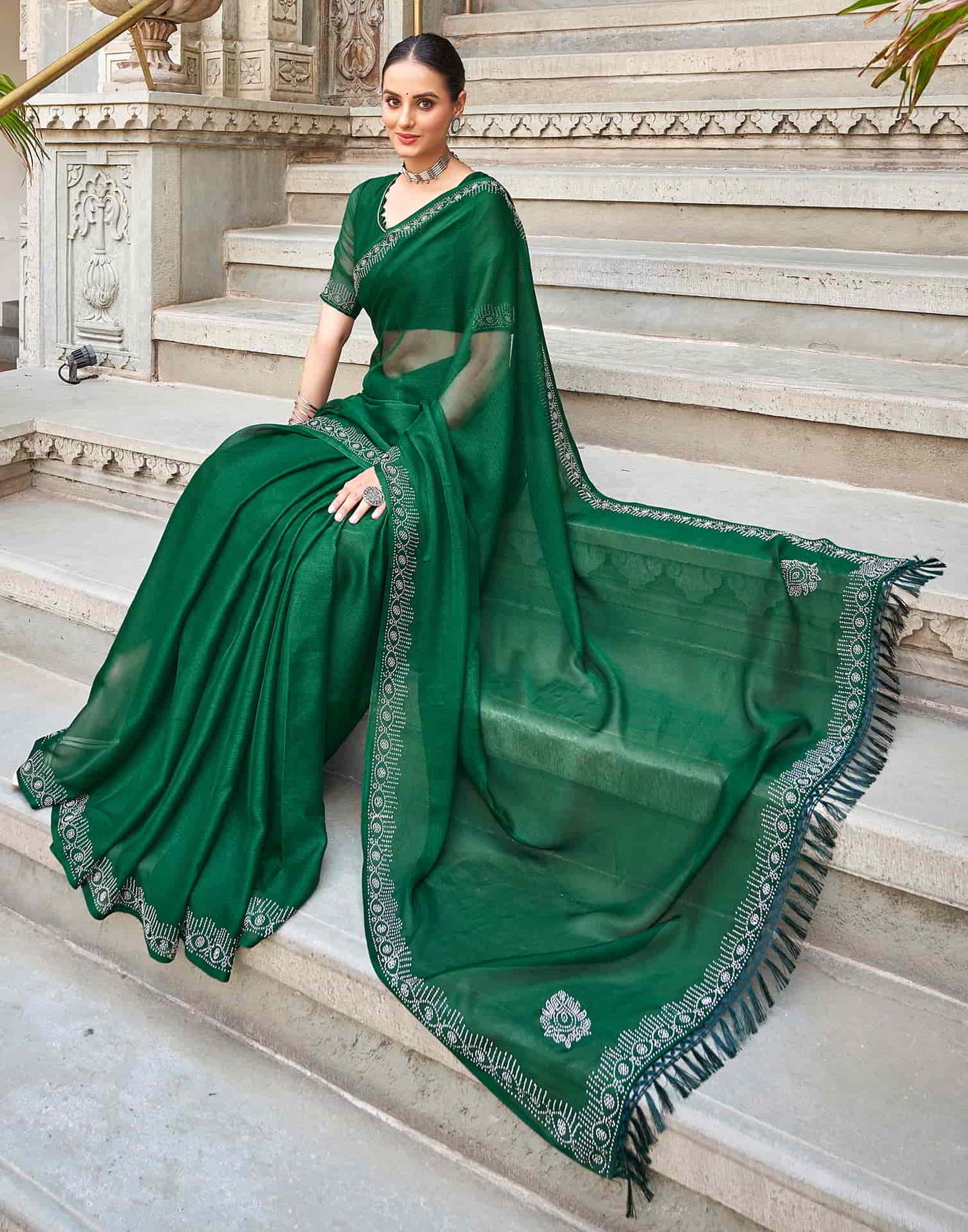 Green Swarovski Chiffon Stone Work Saree