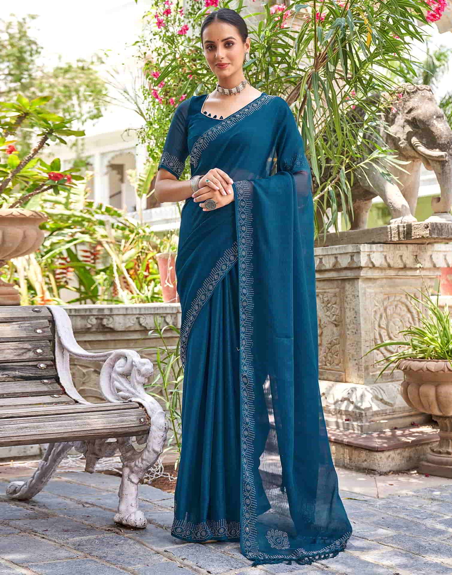 Blue Swarovski Chiffon Stone Work Saree