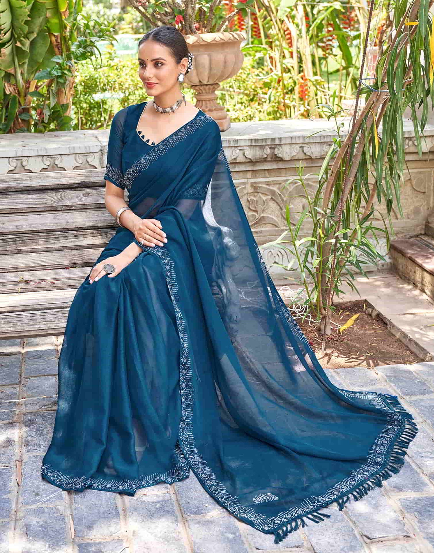 Blue Swarovski Chiffon Stone Work Saree