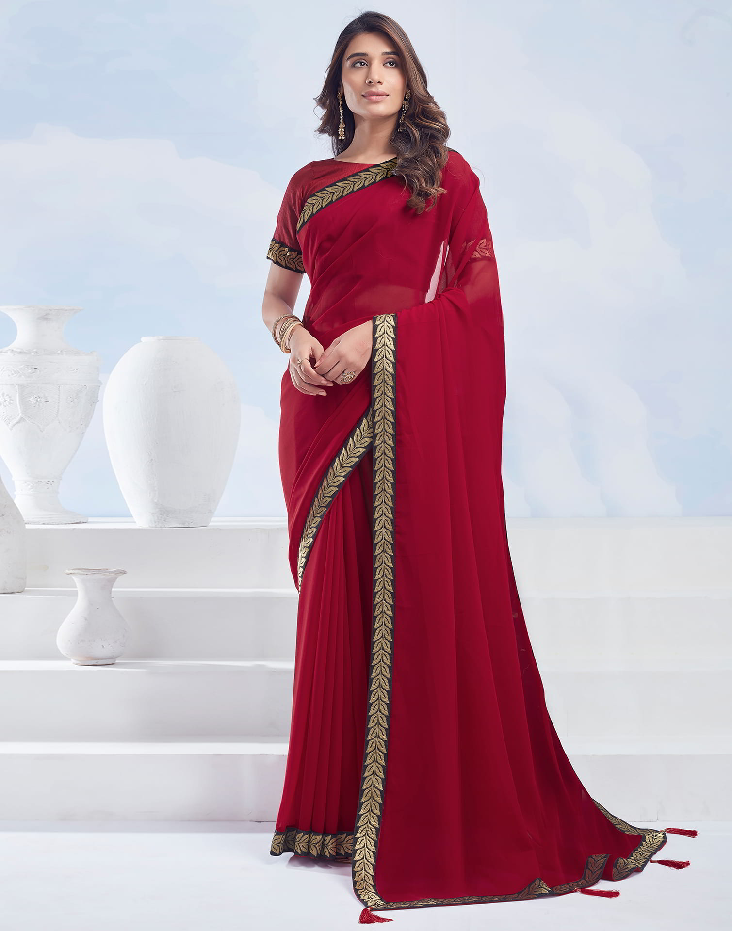 Red Plain Georgette Saree