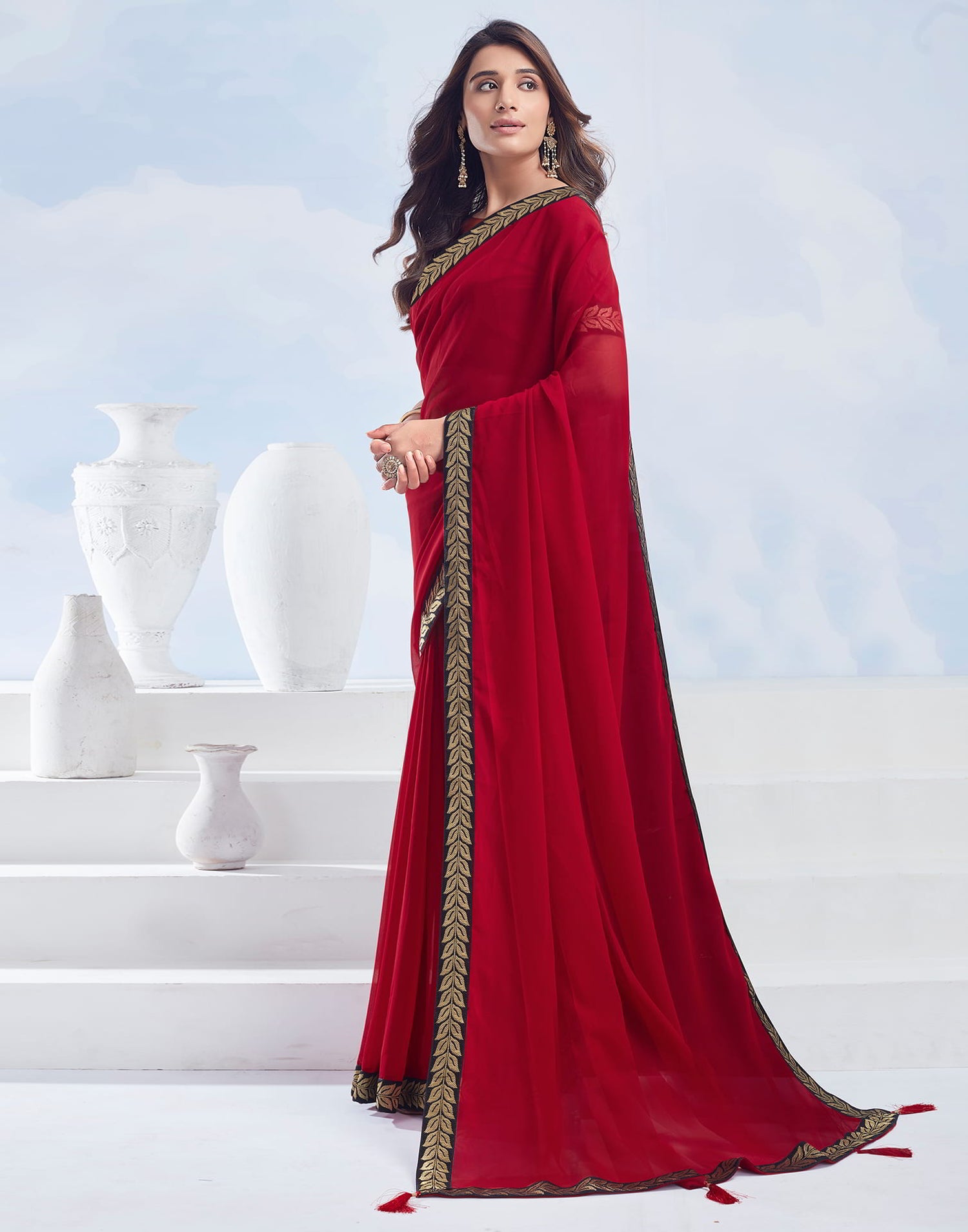 Red Plain Georgette Saree