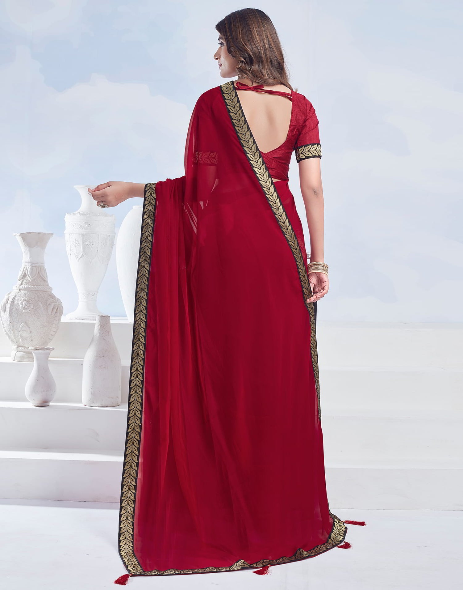 Red Plain Georgette Saree