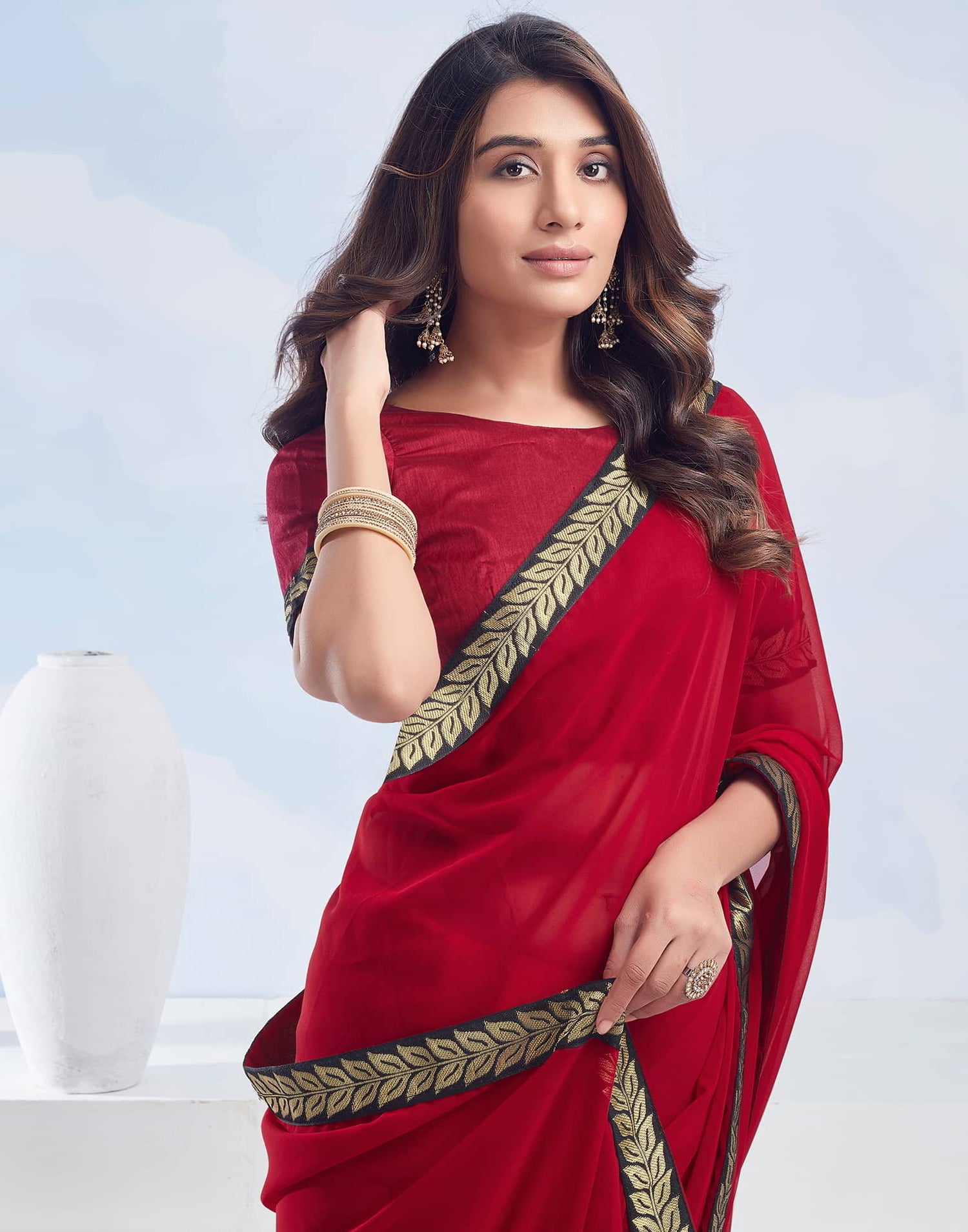 Red Plain Georgette Saree