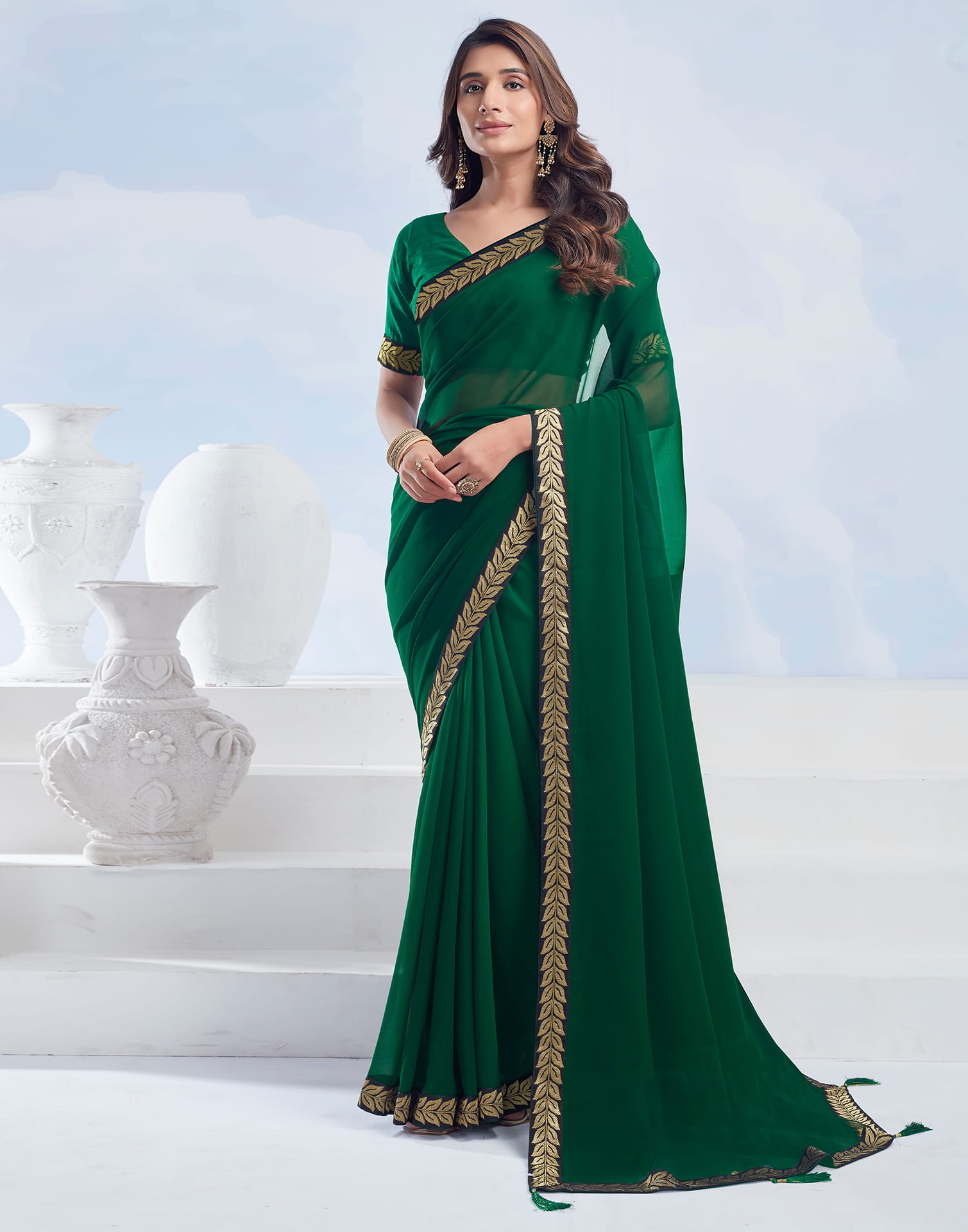 Green Plain Georgette Saree