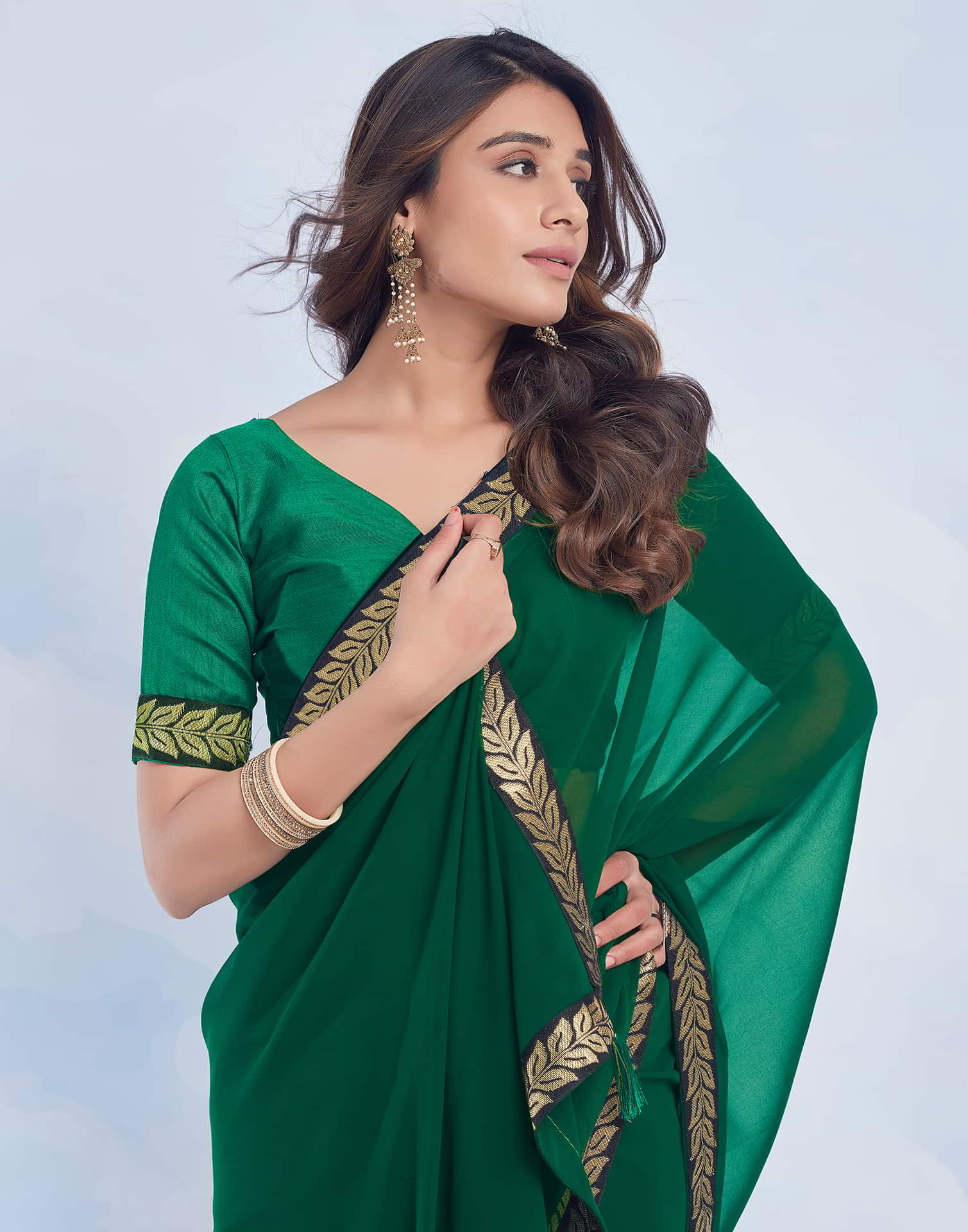 Green Plain Georgette Saree