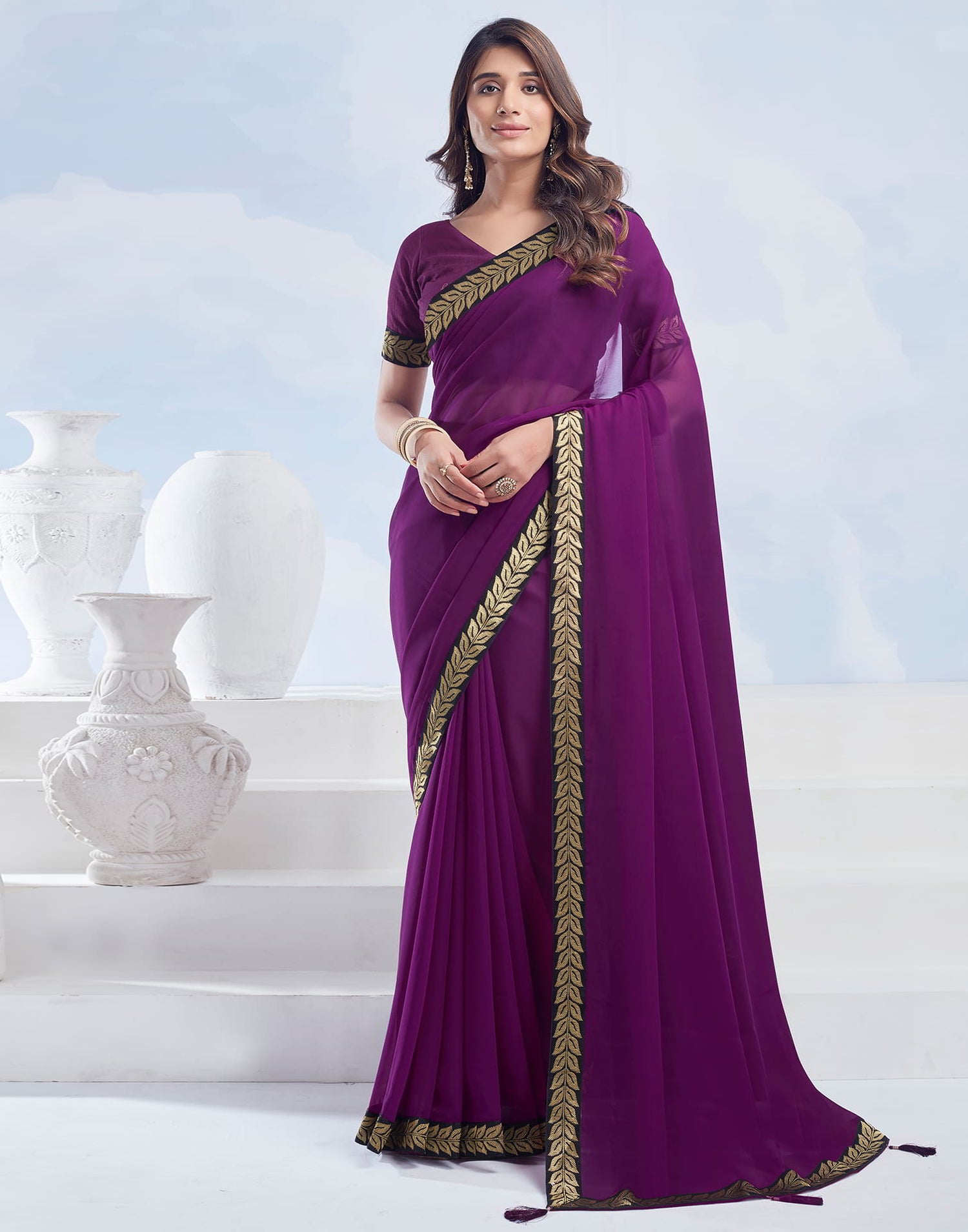 Purple Plain Georgette Saree