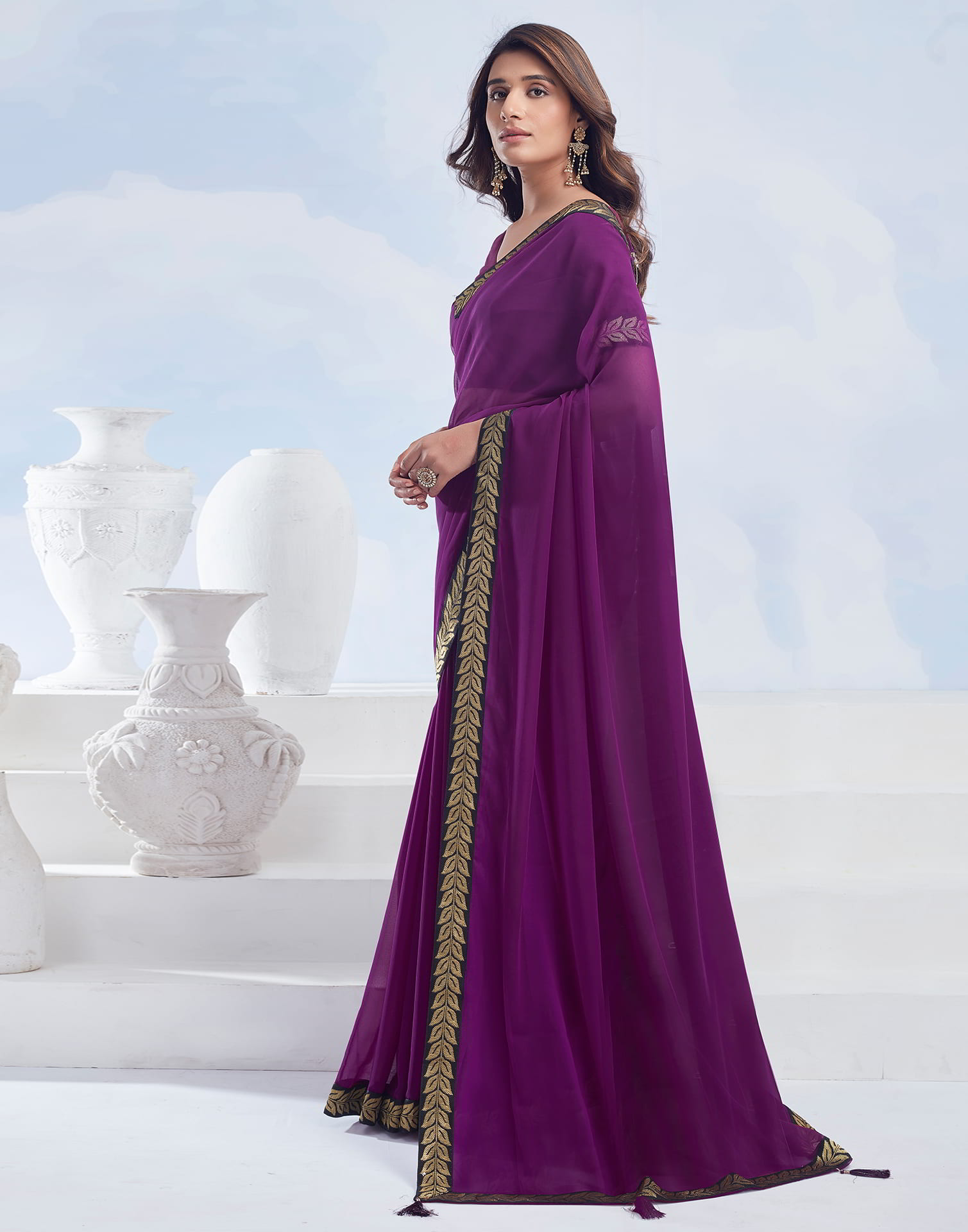 Purple Plain Georgette Saree