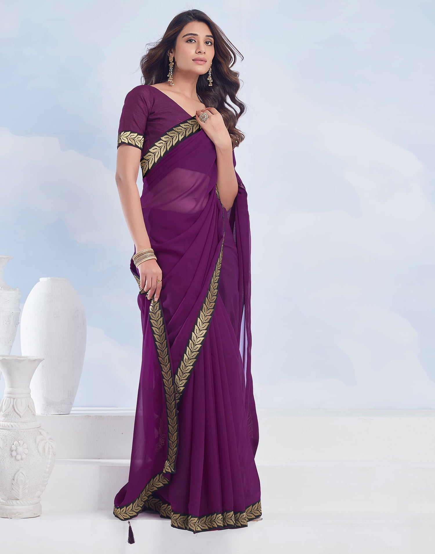 Purple Plain Georgette Saree