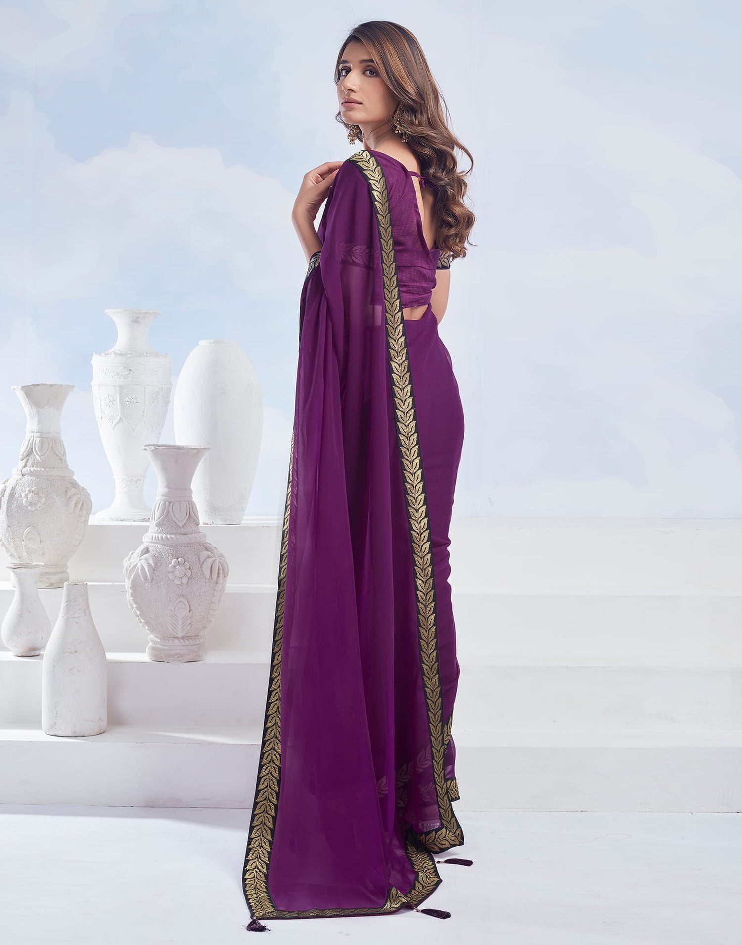 Purple Plain Georgette Saree