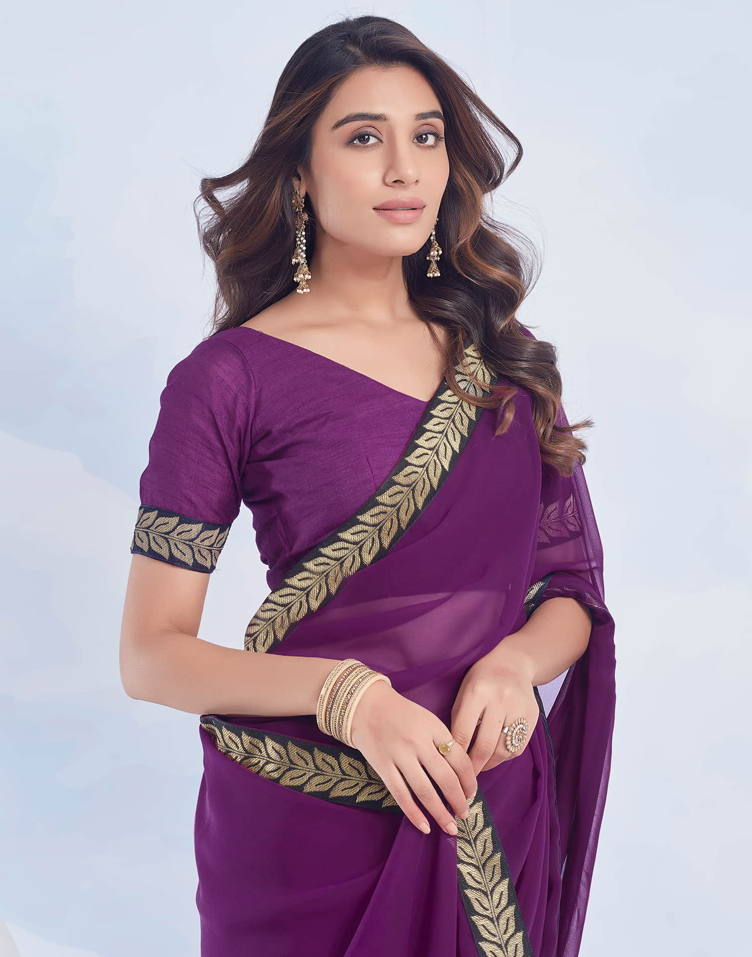 Purple Plain Georgette Saree