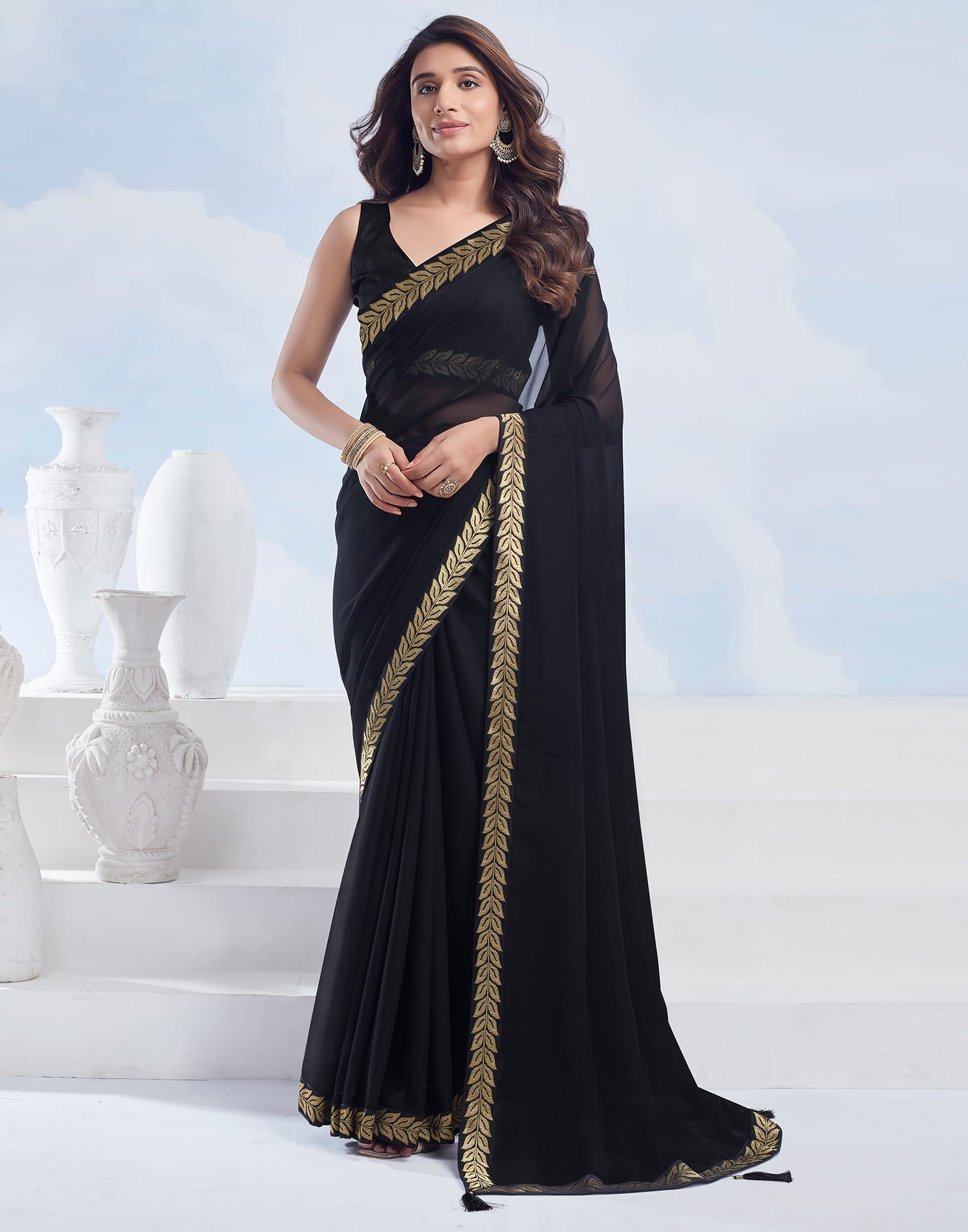 Black Plain Georgette Saree Sudathi