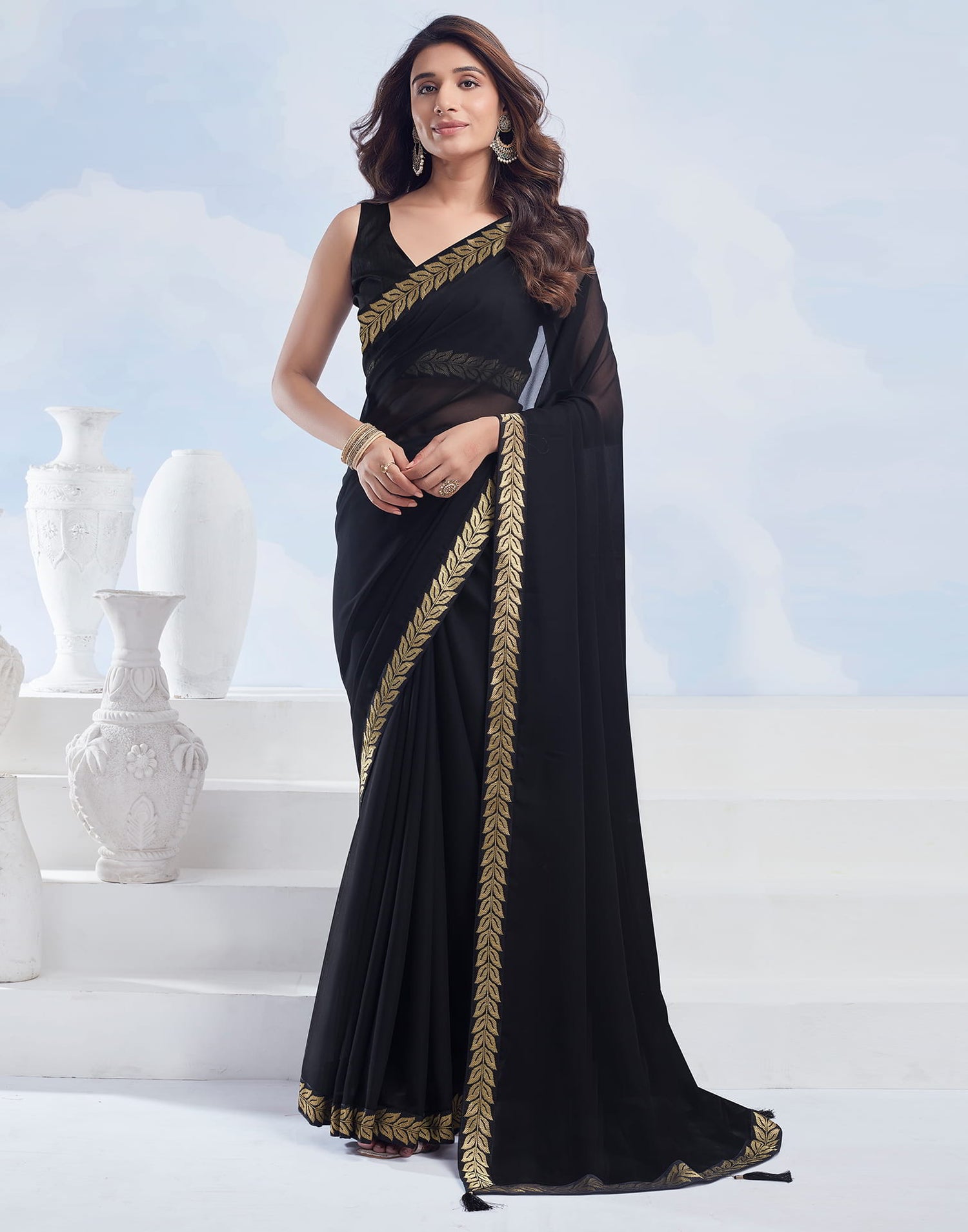 Black Plain Georgette Saree